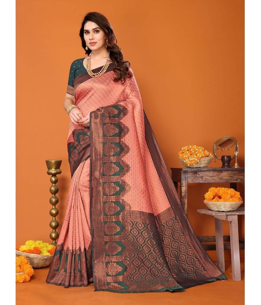     			BLEESBURY Kanjivaram Woven Saree With Unstitched Blouse Piece ( Peach )