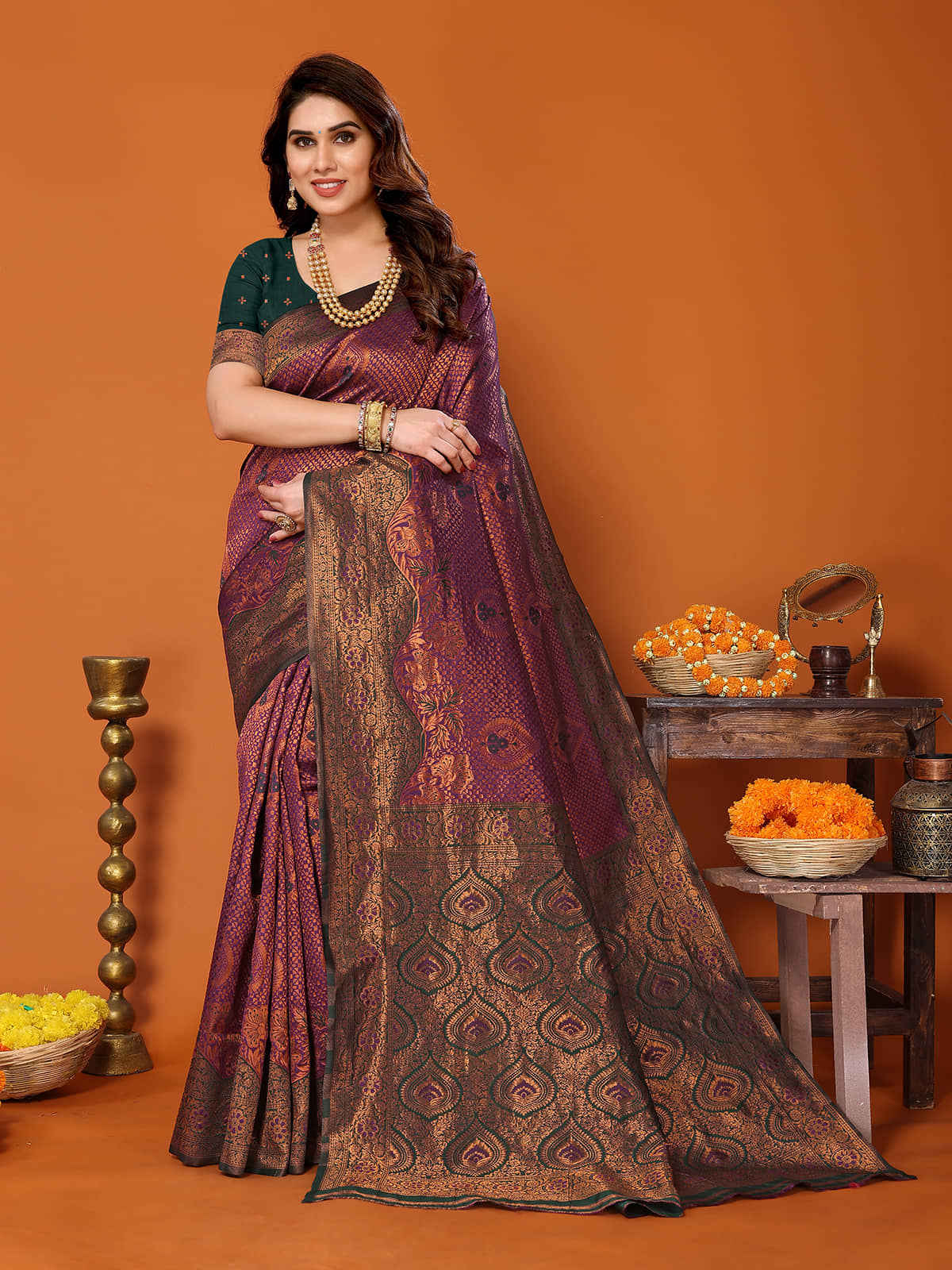 BLEESBURY Kanjivaram Woven Saree With Unstitched Blouse Piece ( Burgundy ) - Sarees | Buy online on ZillyBuy