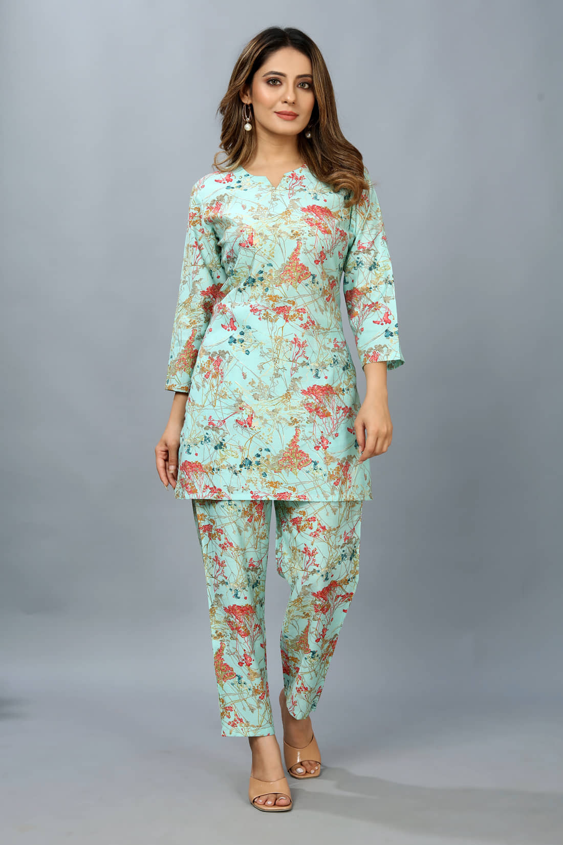 SARRAS Women Printed Kurta With Trousers Co-Ord Set ( Blue )