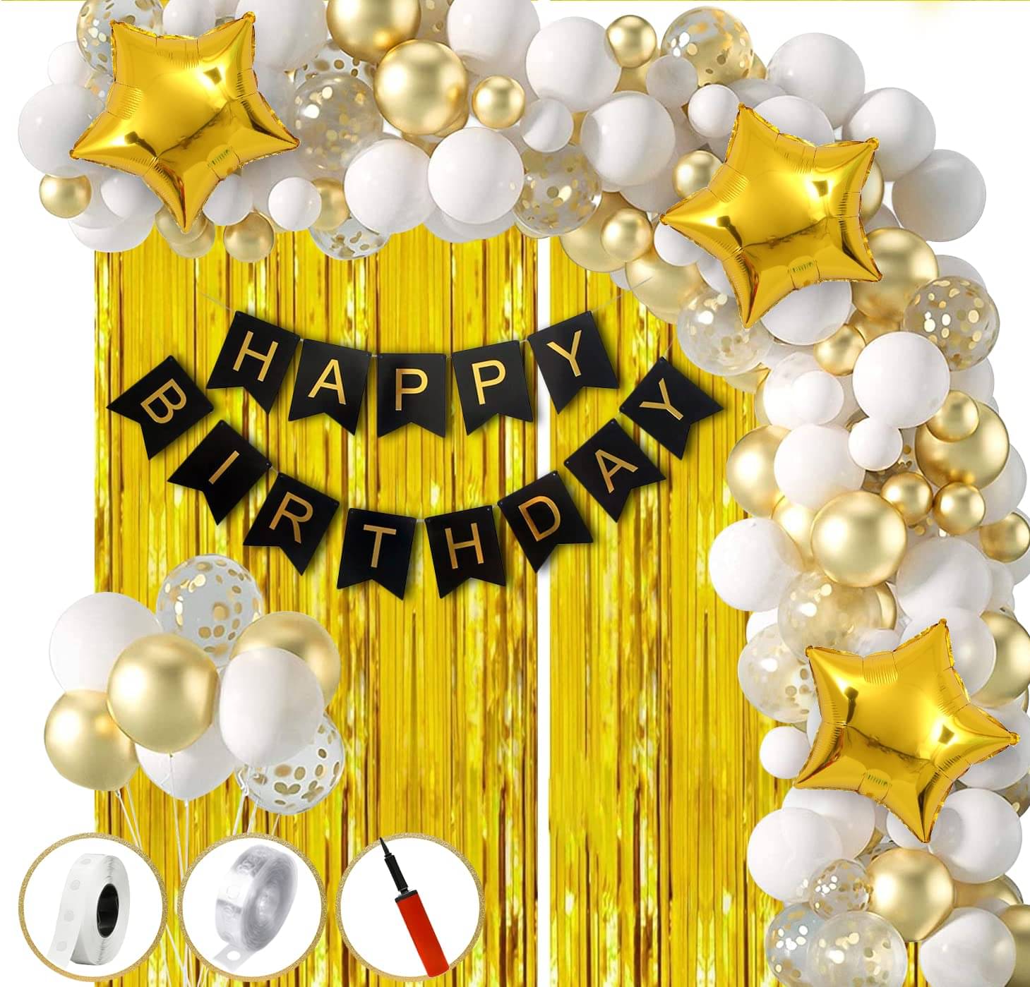     			Urban Classic Gold White Happy Birthday Decoration pack of 59 pcs -45Pcs(White, Gold) Balloons,5 Gold foil balloons, 2pcs Gold Curtains, 3pcs Gold star foil balloons, 1 Pc Black Happy Birthday Banner, Glue Dot, Arch Strip, Pump.
