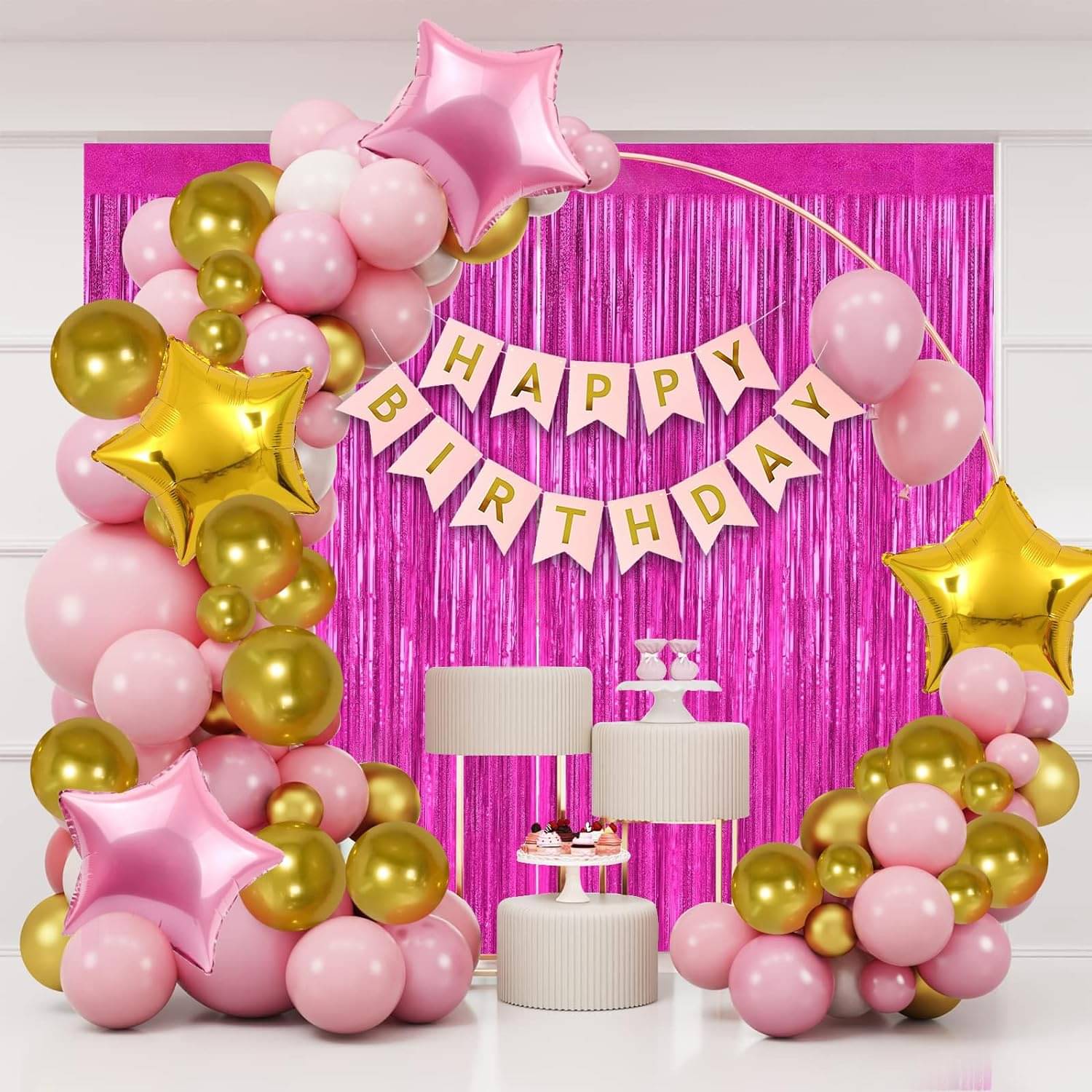     			Urban Classic Pink Gold Happy Birthday Decoration pack of 59 pcs -25 Pcs Pink Metallic Balloon, 25 Pcs Gold Metallic Balloon, 2 Pink curtains,2pcs Gold star & 2pcs pink star foil balloons, 1 Pc Pink Happy Birthday Banner, Glue Dot, Arch Strip.