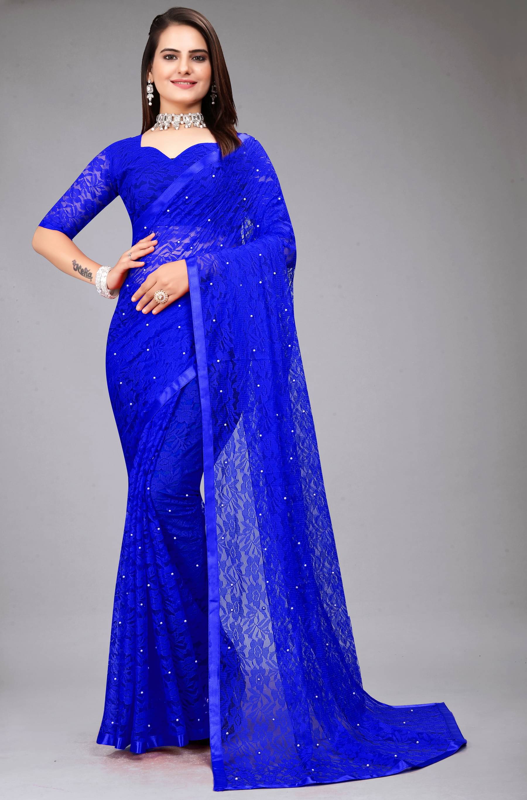 VANRAJ CREATION Brasso Self Design Saree With Unstitched Blouse Piece ( Blue ) VANRAJ CREATION Brasso Self Design Saree With Unstitched Blouse Piece ( Blue )
