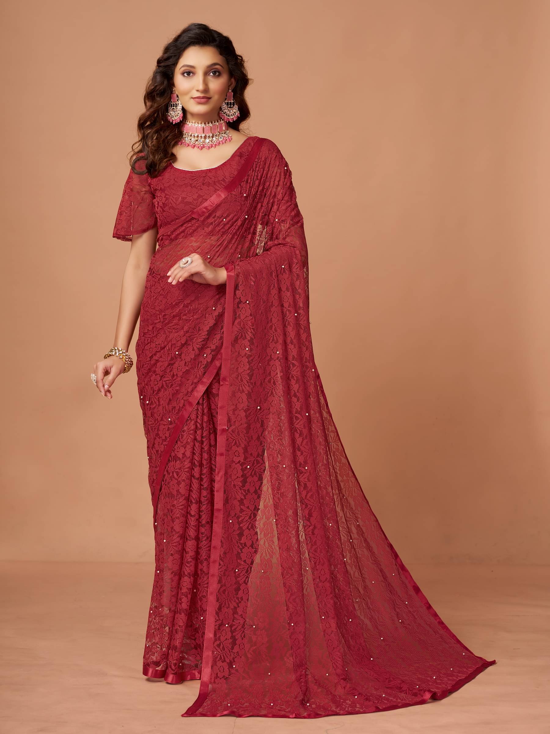 VANRAJ CREATION Brasso Self Design Saree With Unstitched Blouse Piece ( Maroon ) VANRAJ CREATION Brasso Self Design Saree With Unstitched Blouse Piece ( Maroon )