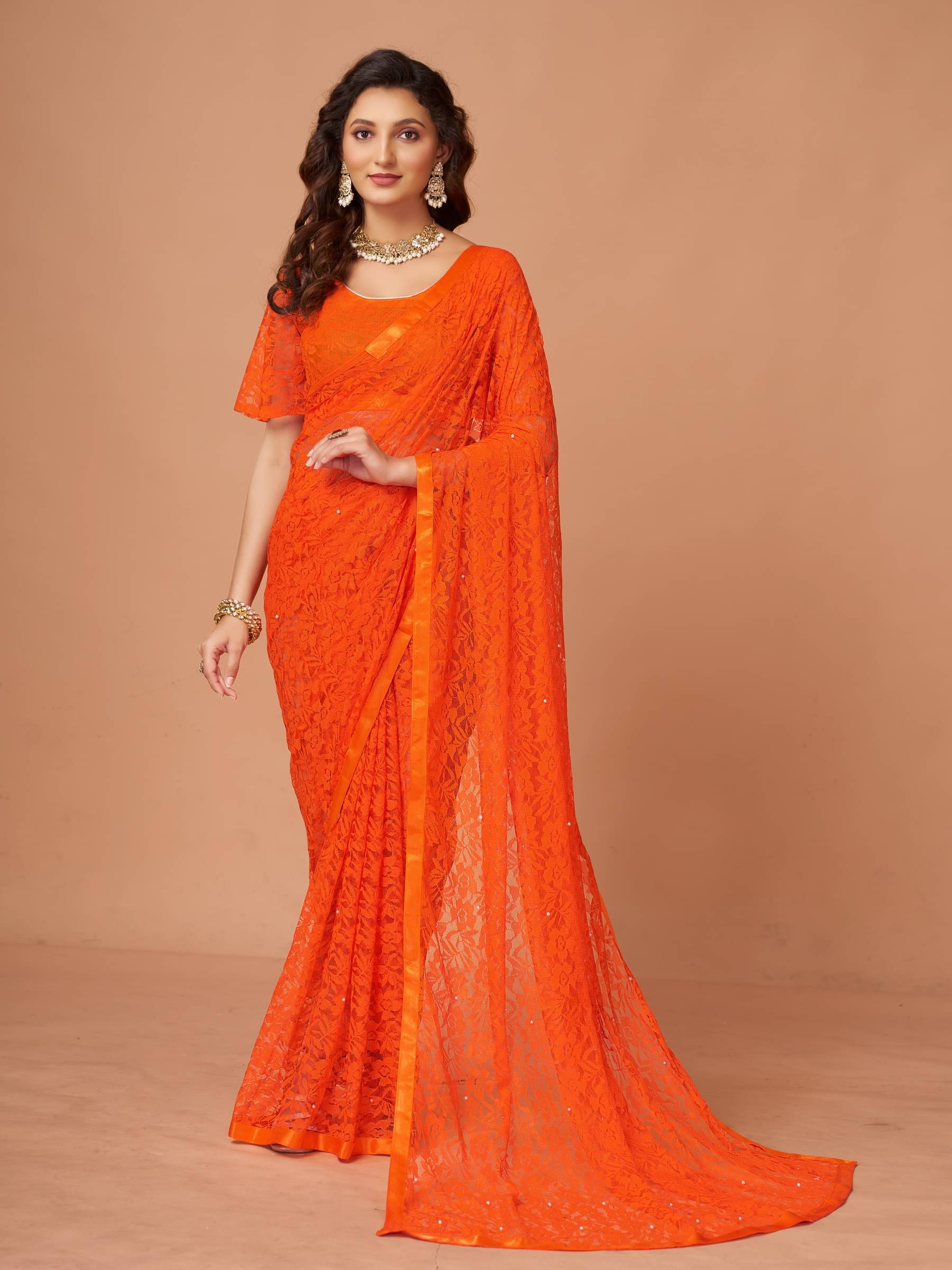     			VANRAJ CREATION Brasso Self Design Saree With Unstitched Blouse Piece ( Orange )