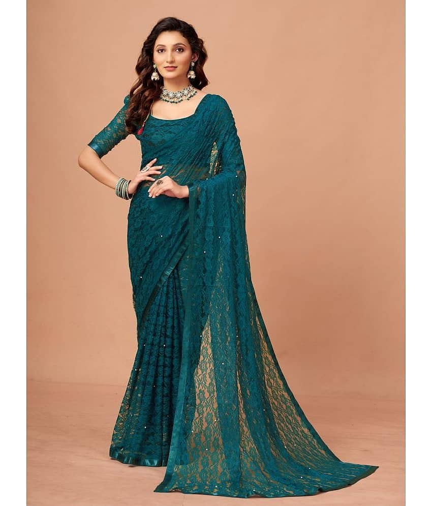 VANRAJ CREATION Brasso Self Design Saree With Unstitched Blouse Piece ( Teal ) - Sarees | Buy online on ZillyBuy