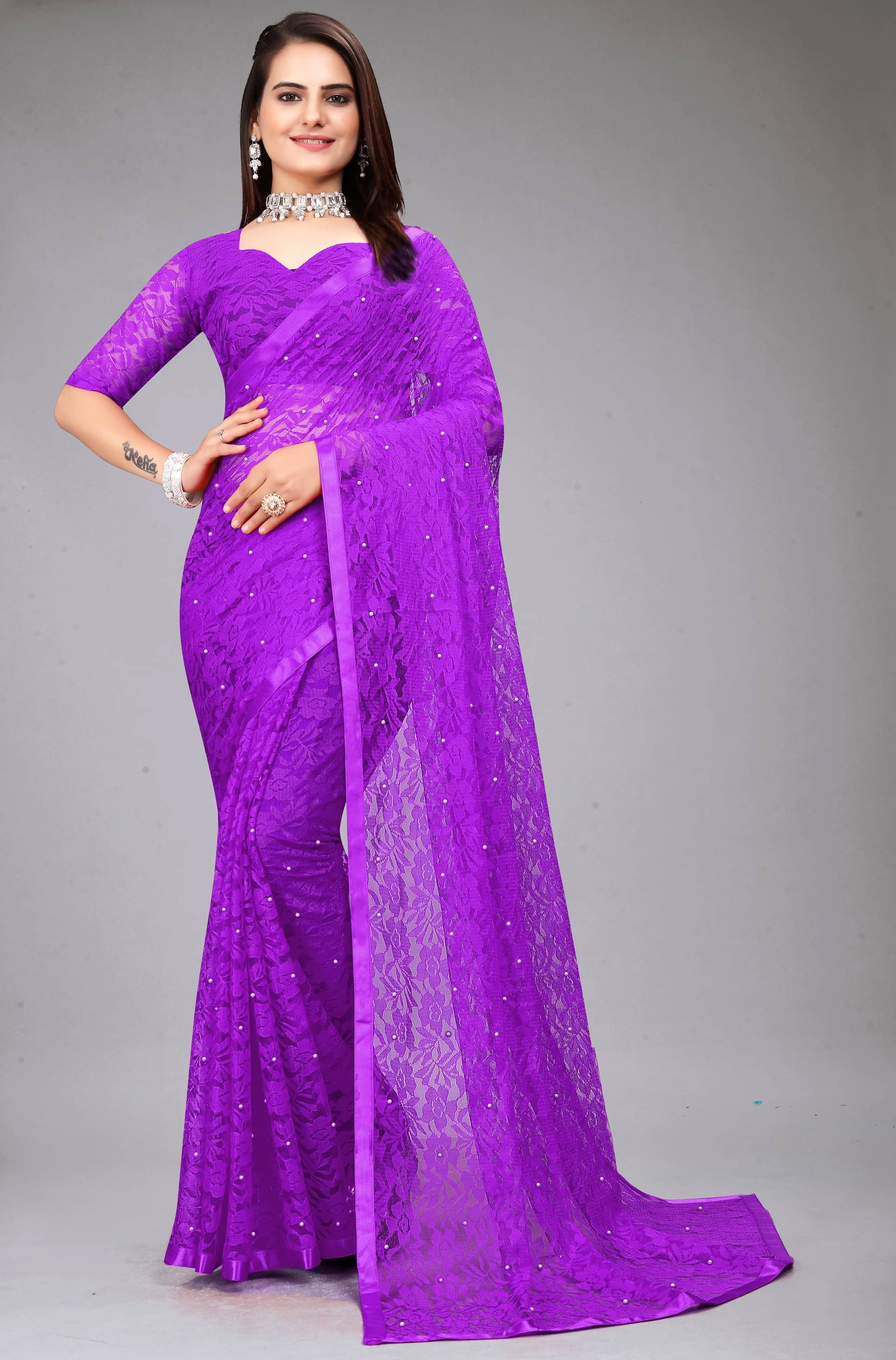     			VANRAJ CREATION Brasso Self Design Saree With Unstitched Blouse Piece ( Purple )