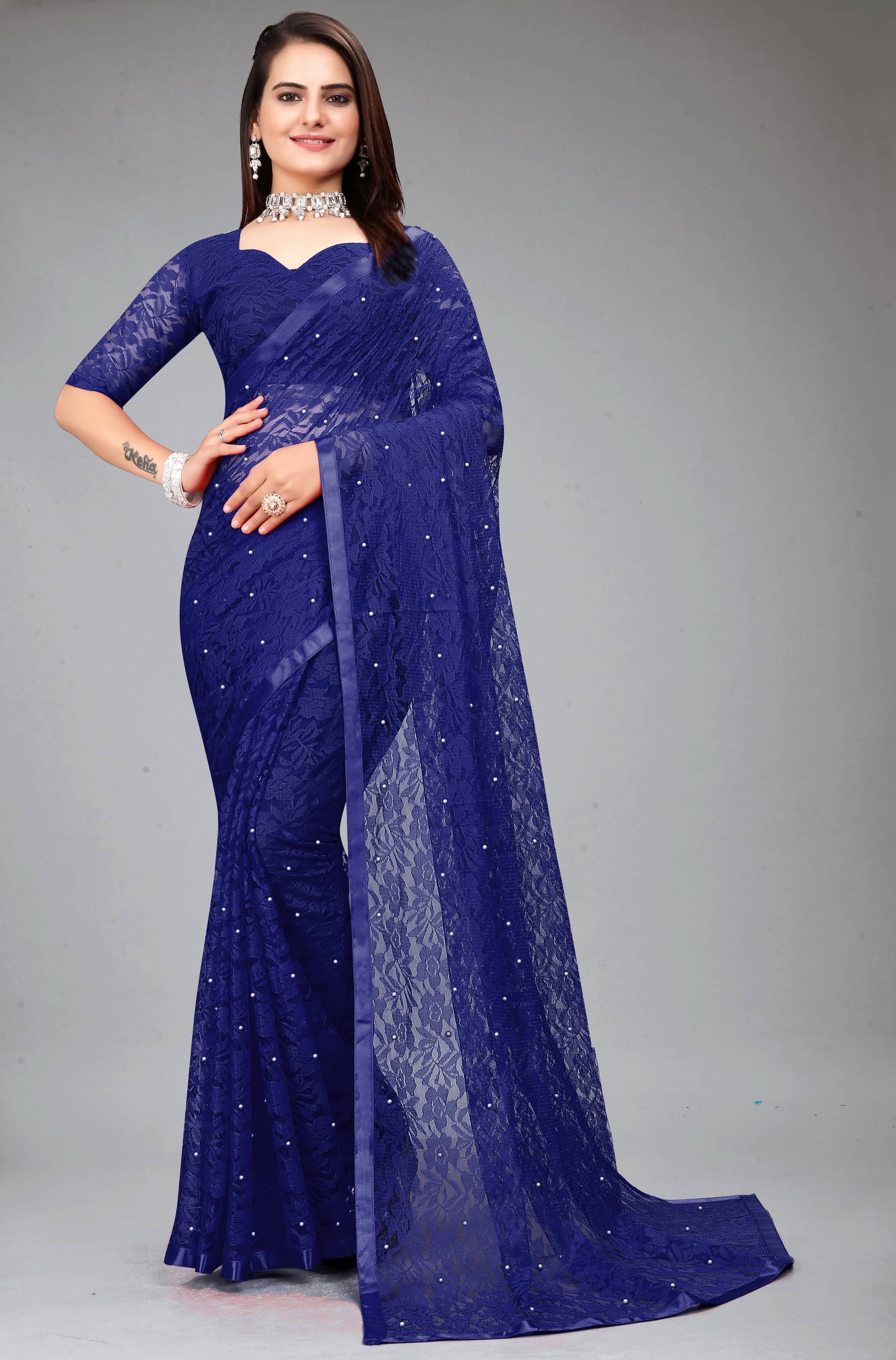 VANRAJ CREATION Brasso Self Design Saree With Unstitched Blouse Piece ( Navy Blue ) VANRAJ CREATION Brasso Self Design Saree With Unstitched Blouse Piece ( Navy Blue )