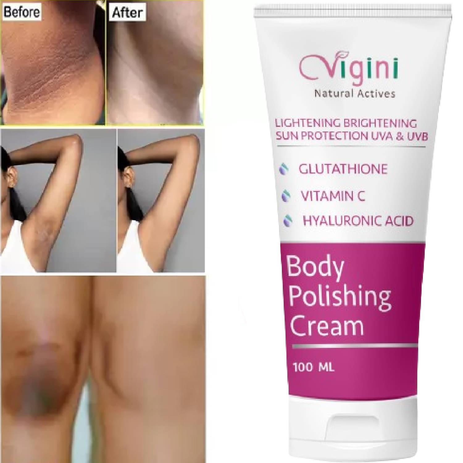    			Vigini Natural Body Lightening Brightening Moisturizing Polishing Fairness Exfoliating Day Night Gel Cream Skin Glow Whitening Men Women Pigmentation Dark Spots D Tan Removal Uneven Tone Nourishment SPF 30 Sunblock Use In Underarm, Armpits Hip Neck Elbow