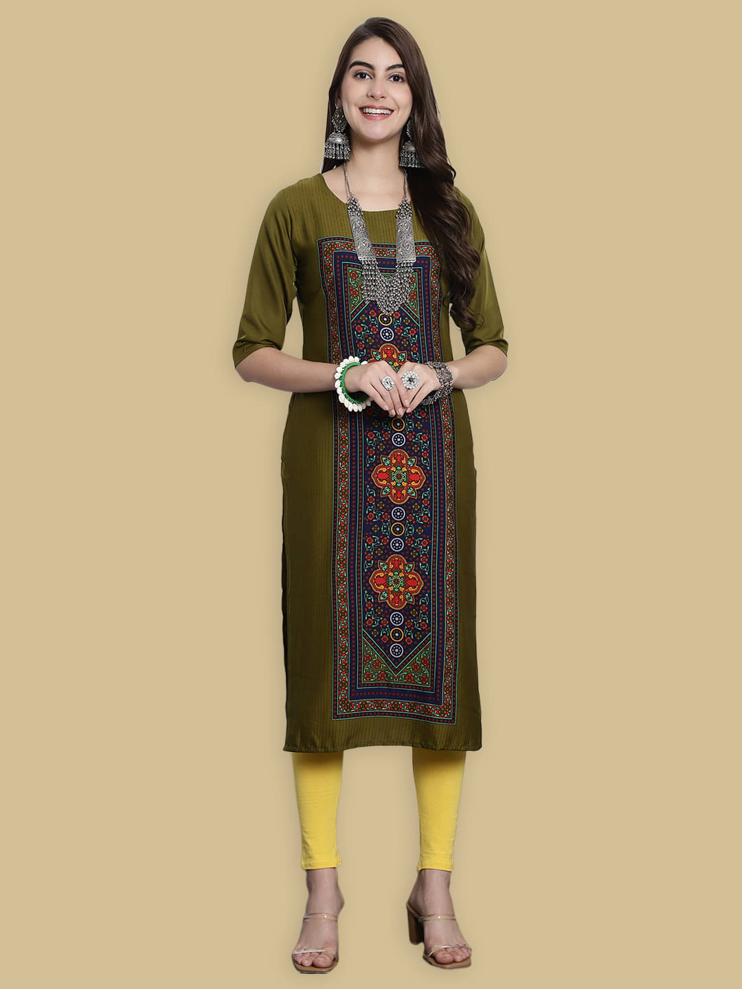 1 Stop Fashion Crepe Printed Straight Women's Kurti - Olive ( Pack of 1 )     			1 Stop Fashion Crepe Printed Straight Women's Kurti - Olive ( Pack of 1 )