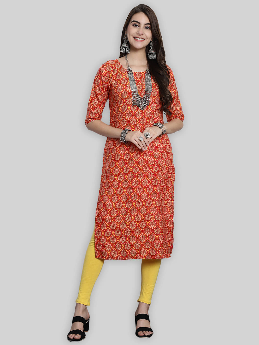 1 Stop Fashion Crepe Printed Straight Women's Kurti - Orange ( Pack of 1 ) 1 Stop Fashion Crepe Printed Straight Women's Kurti - Orange ( Pack of 1 )