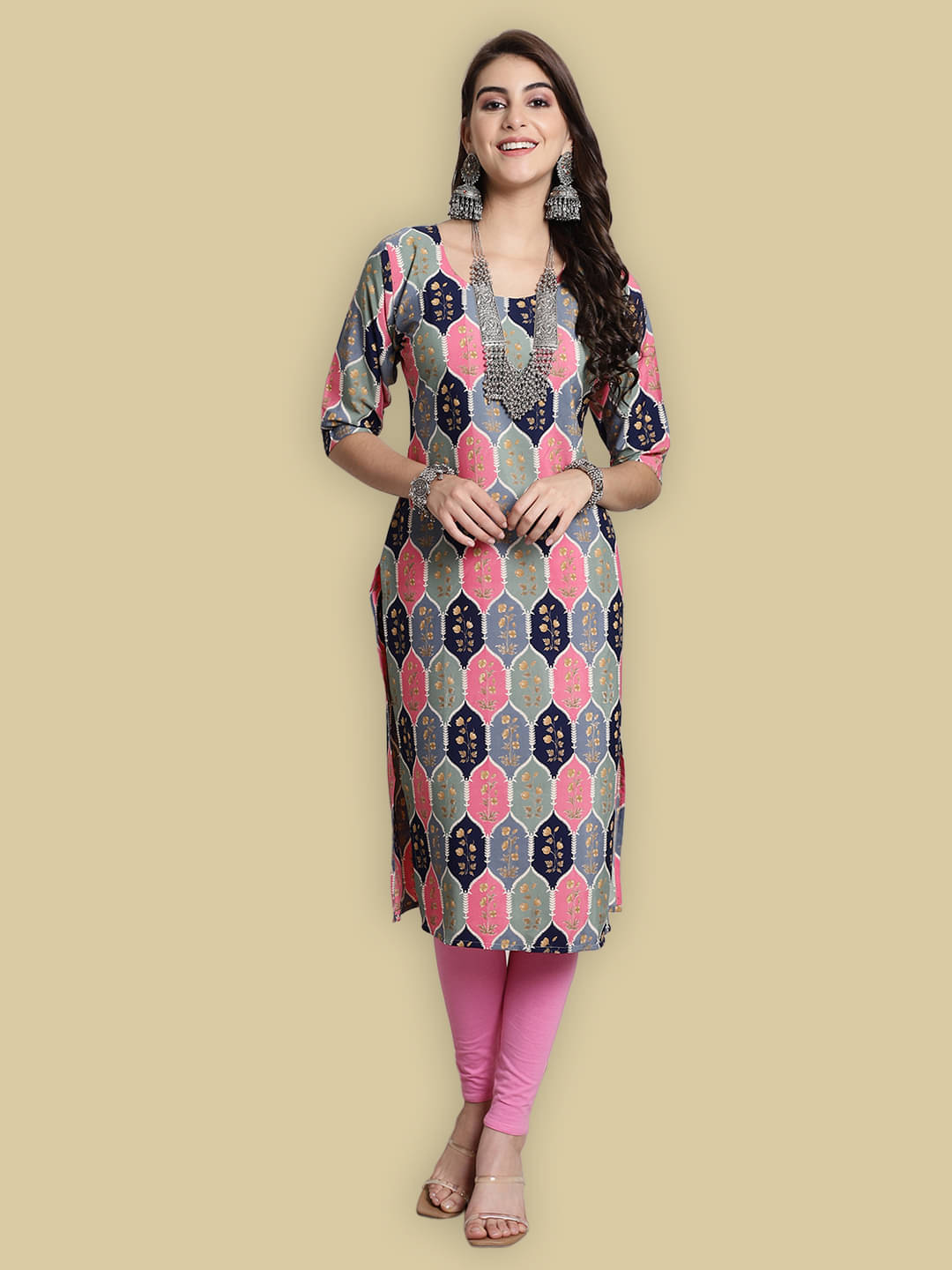 Ethnic Basket Crepe Printed Straight Women's Kurti - Multicolor ( Pack of 1 )     			Ethnic Basket Crepe Printed Straight Women's Kurti - Multicolor ( Pack of 1 )