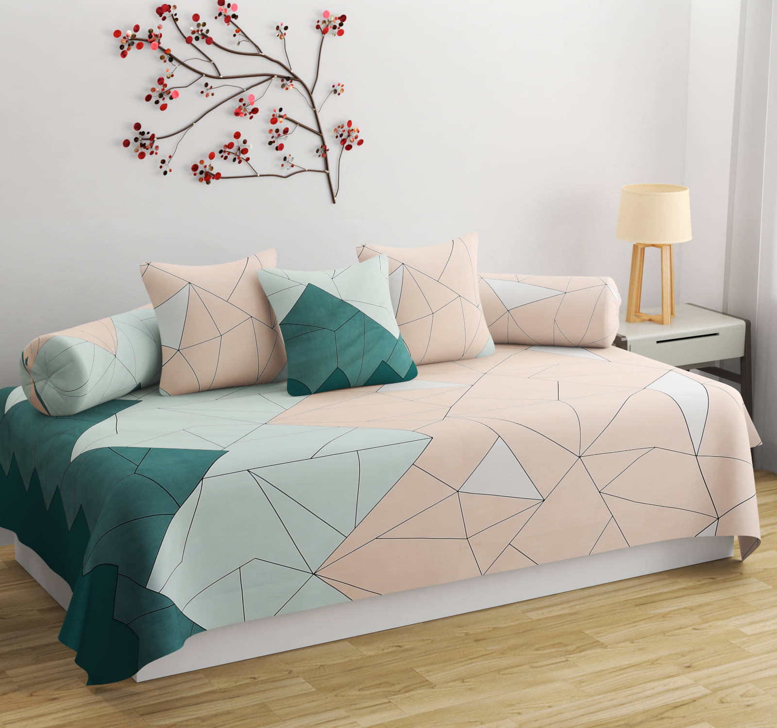     			HIDECOR Microfibre Abstract Diwan Set 6 Pcs - cream