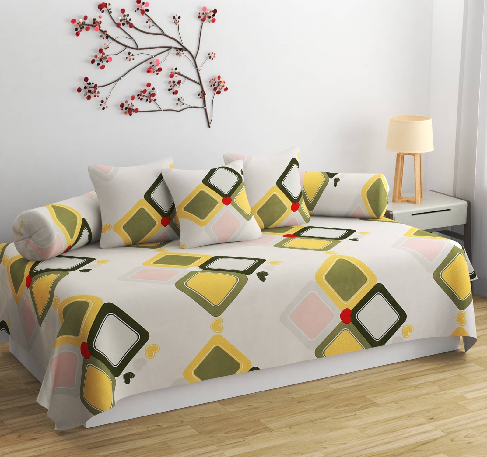     			HIDECOR Microfibre Abstract Diwan Set 6 Pcs - cream