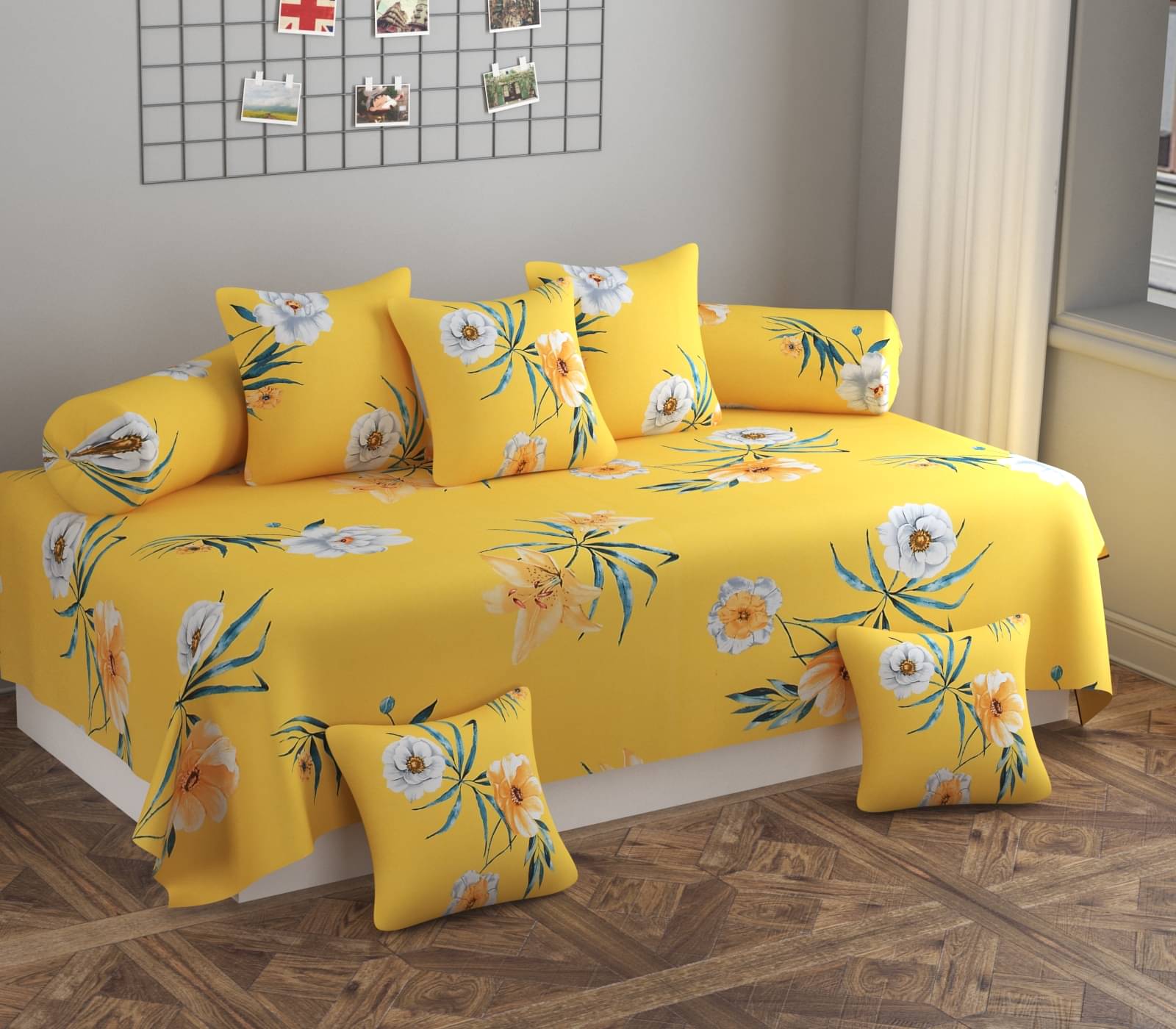 HIDECOR Microfibre Floral Diwan Set 8 Pcs - Yellow HIDECOR Microfibre Floral Diwan Set 8 Pcs - Yellow