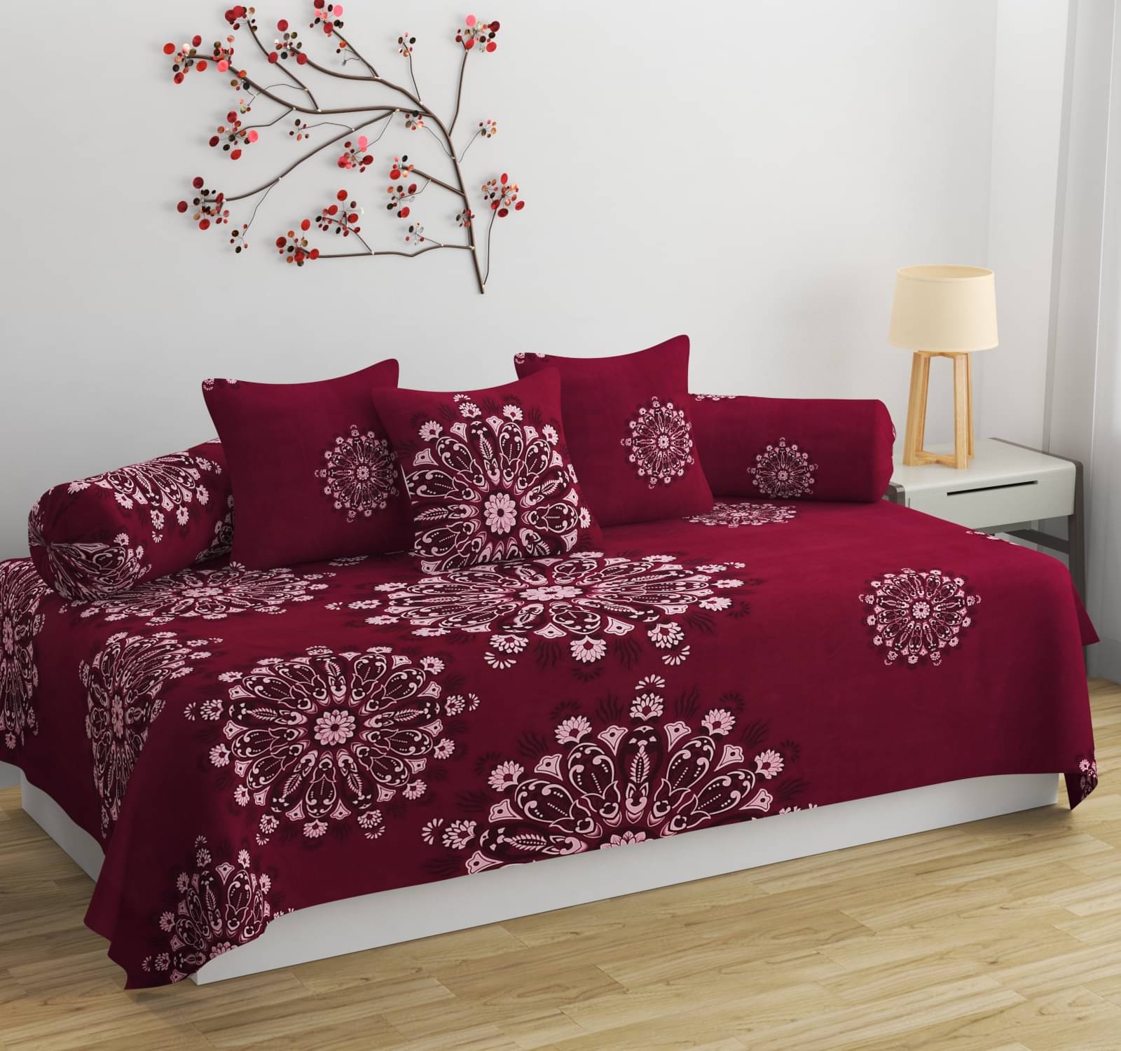     			HIDECOR Microfibre Floral Diwan Set 6 Pcs - maroon