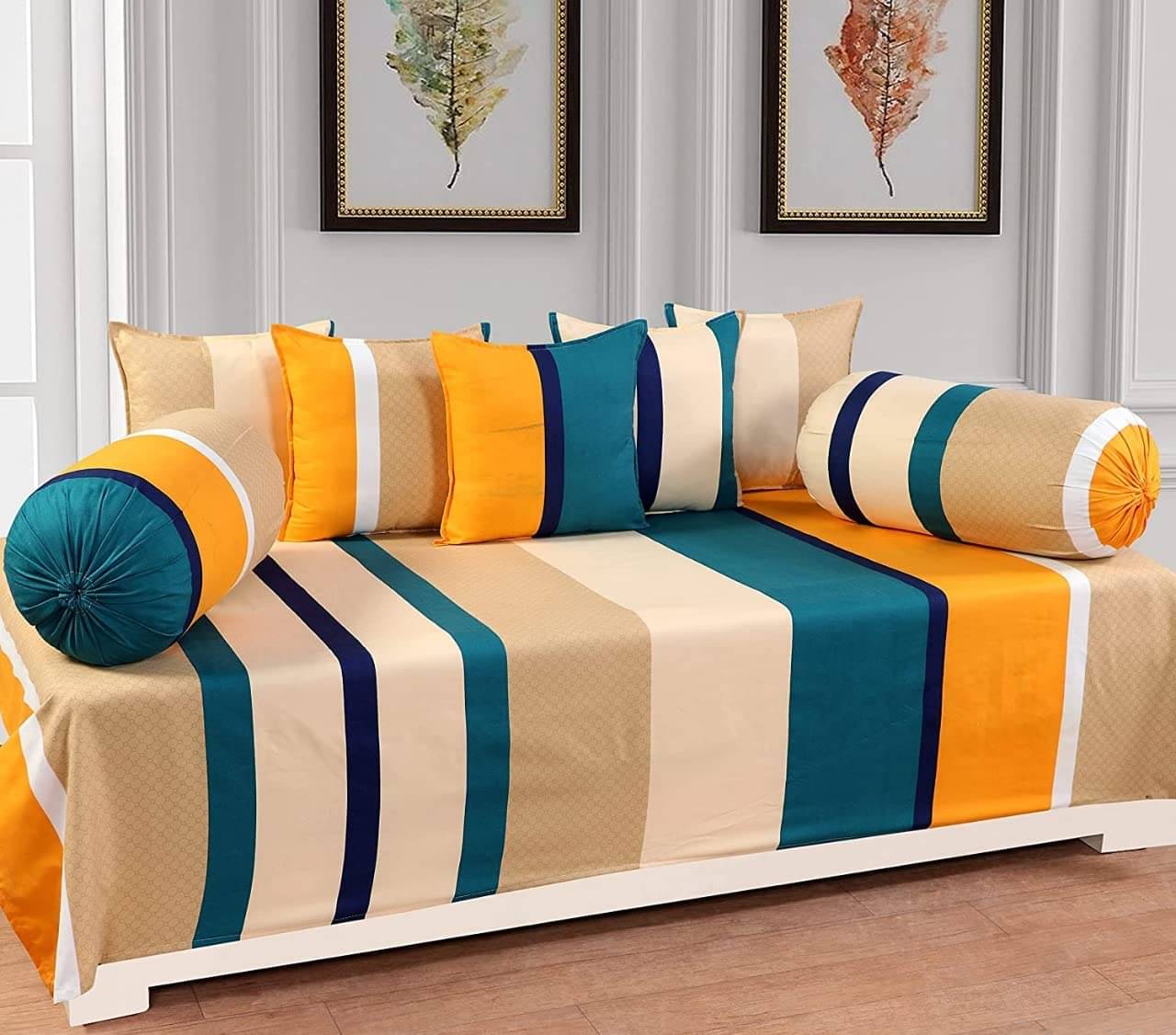 HIDECOR Microfibre Horizontal Striped Diwan Set 8 Pcs - yellow HIDECOR Microfibre Horizontal Striped Diwan Set 8 Pcs - yellow