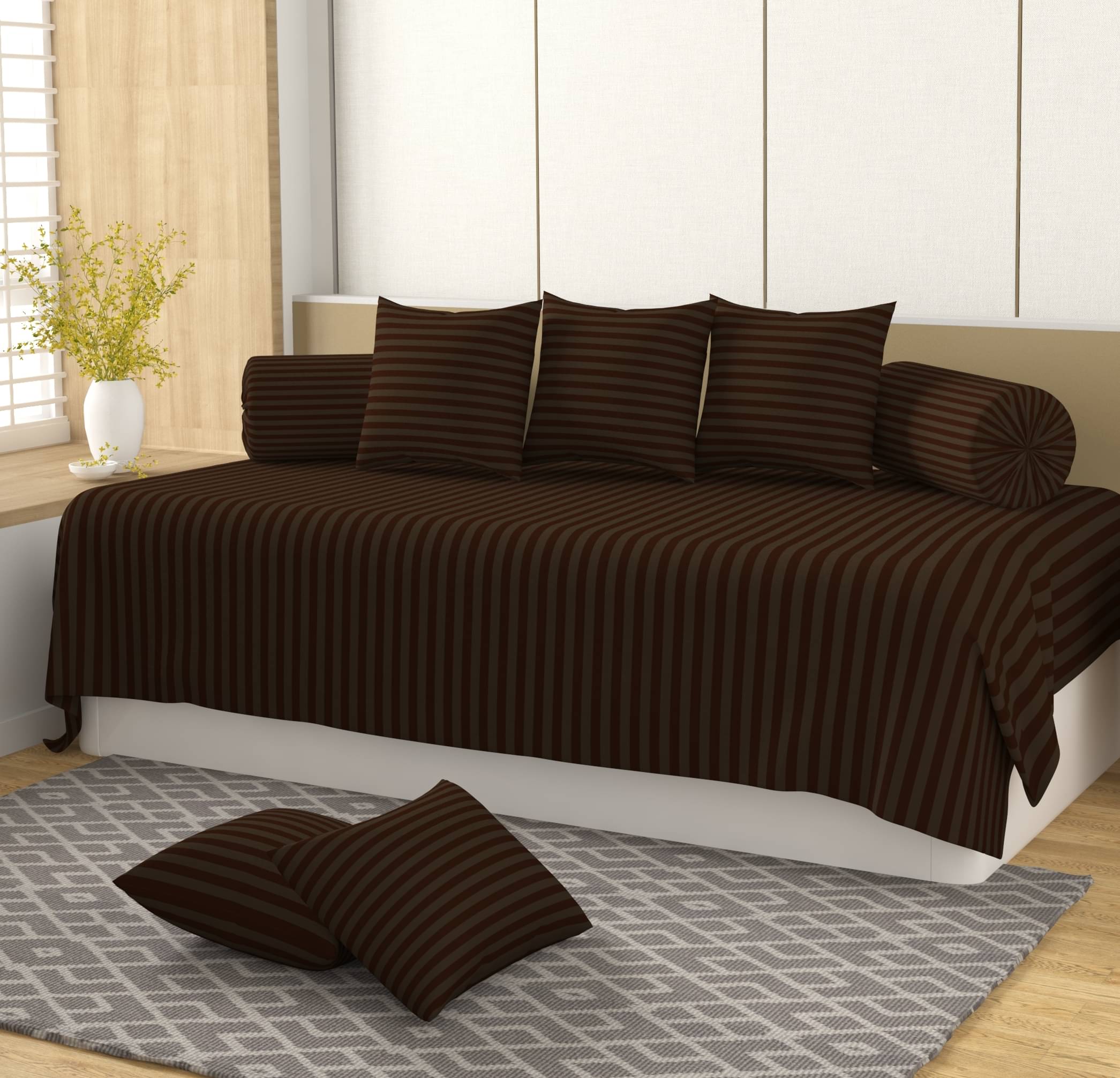 HIDECOR Microfibre Vertical Striped Diwan Set 8 Pcs - Brown HIDECOR Microfibre Vertical Striped Diwan Set 8 Pcs - Brown