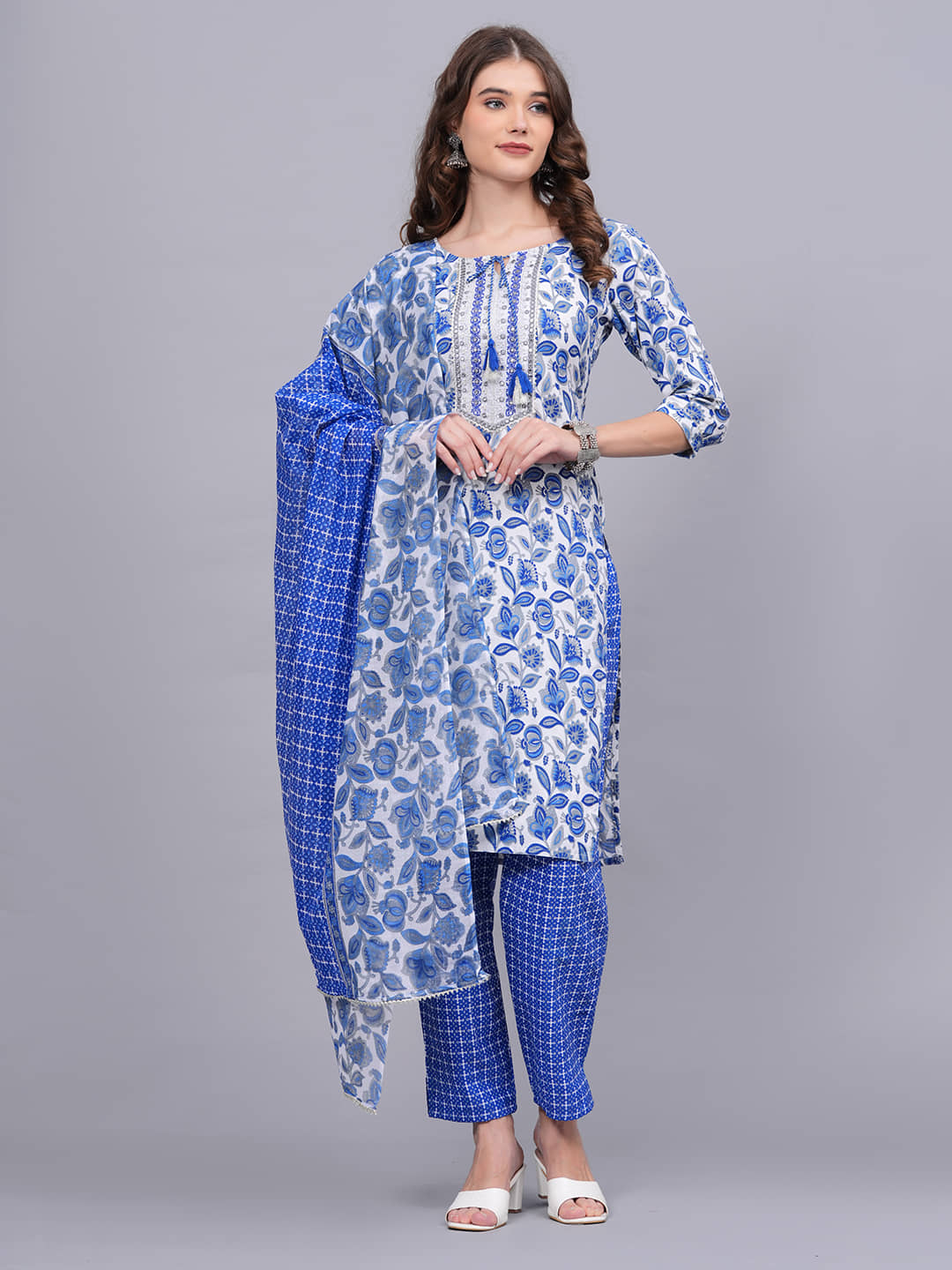 JC4U Cotton Printed Kurti With Pants Women's Stitched Salwar Suit - Blue ( Pack of 1 )