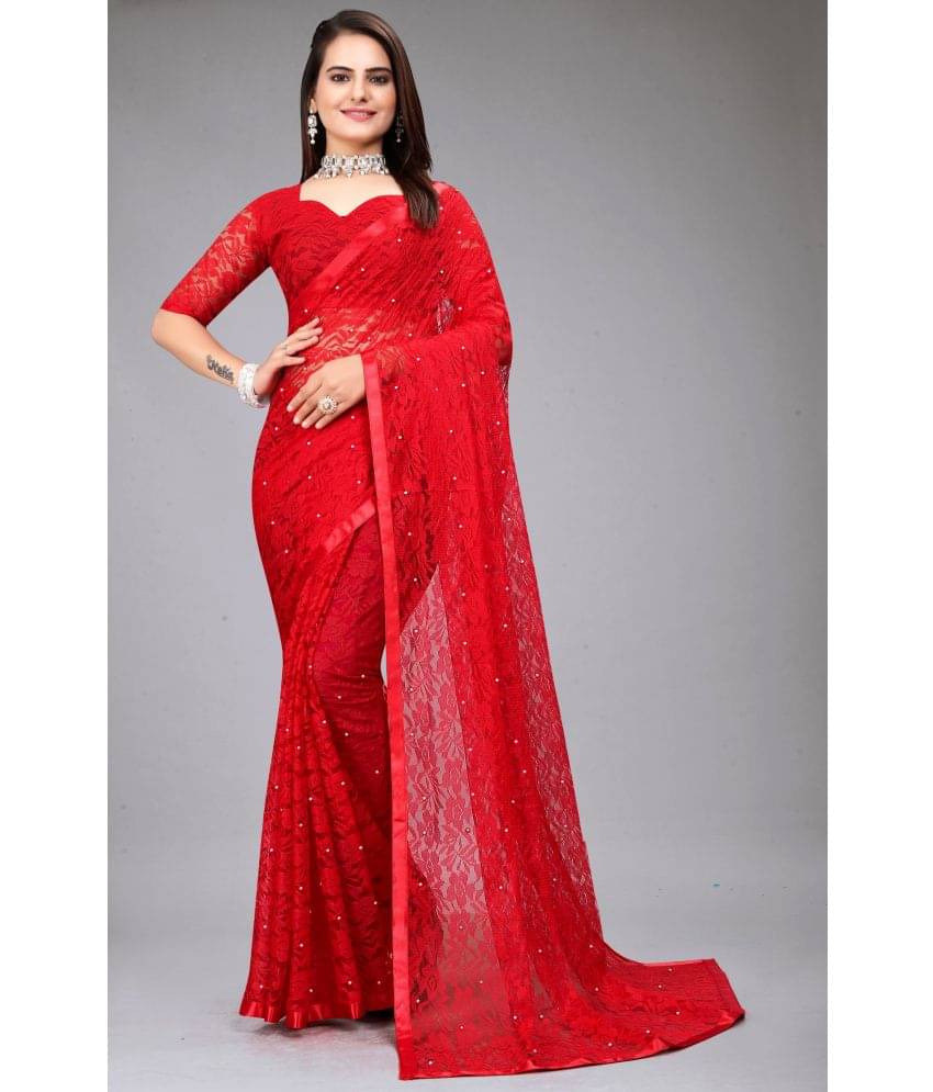     			VANRAJ CREATION Brasso Self Design Saree With Unstitched Blouse Piece ( Red )