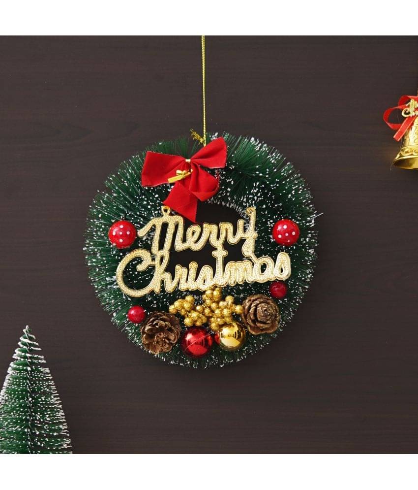 eCraftIndia Green & Red Merry Christmas Wreath With Berries Ball Flowers Ribbon Christmas eCraftIndia Green & Red Merry Christmas Wreath With Berries Ball Flowers Ribbon Christmas