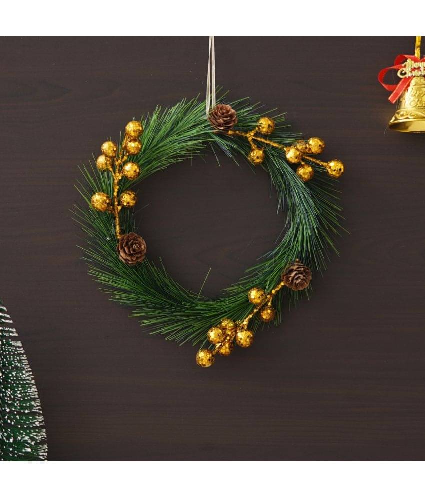 eCraftIndia Green & Brown Wreath With Gold Toned Balls and Flowers Decorative Ornaments     			eCraftIndia Green & Brown Wreath With Gold Toned Balls and Flowers Decorative Ornaments