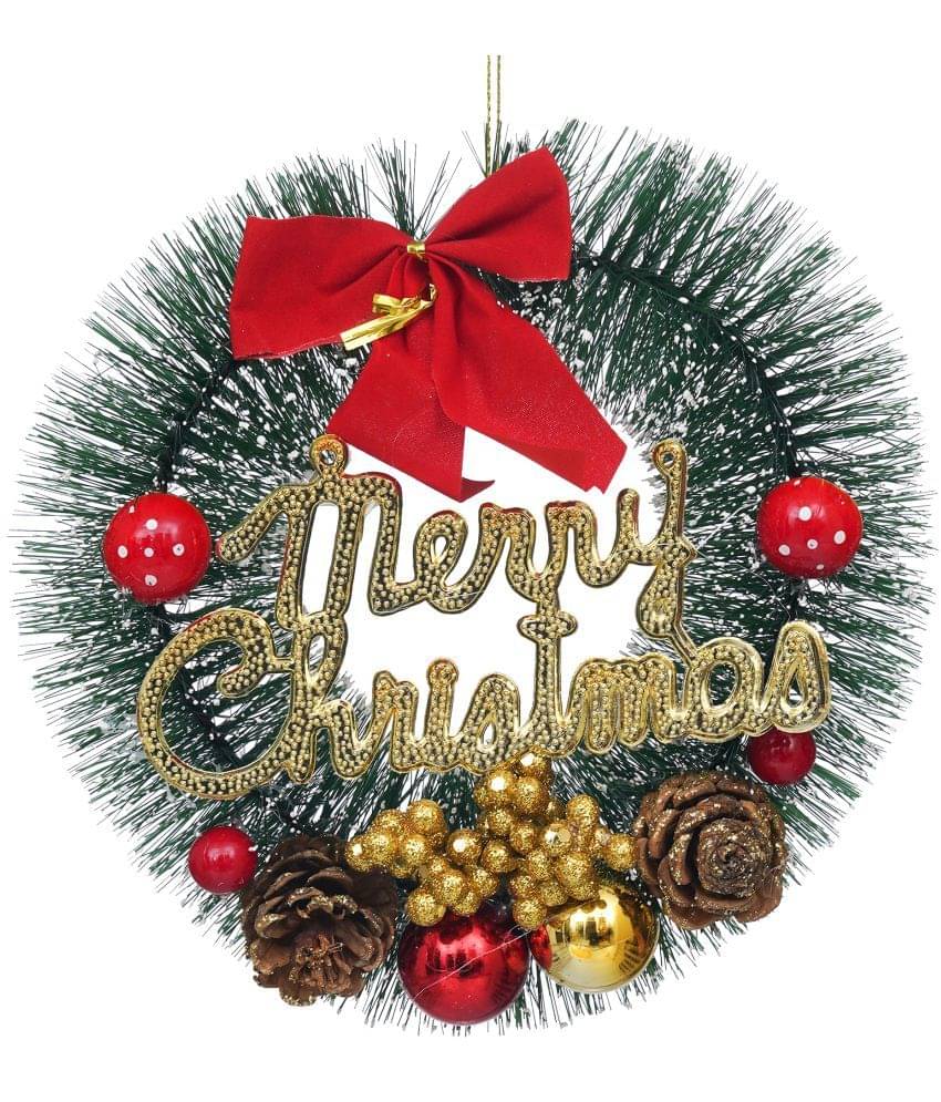     			eCraftIndia Green & Red Merry Christmas Wreath With Berries Ball Flowers Ribbon Christmas