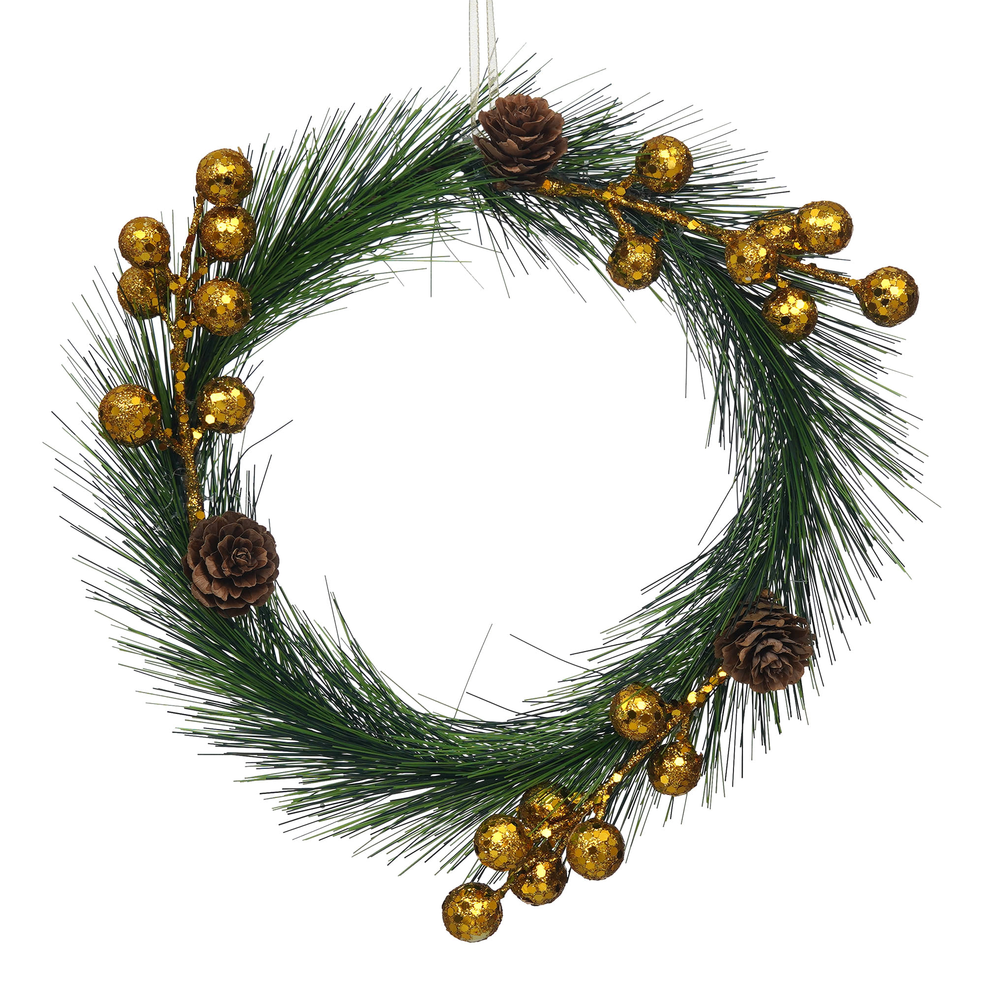     			eCraftIndia Green & Brown Wreath With Gold Toned Balls and Flowers Decorative Ornaments
