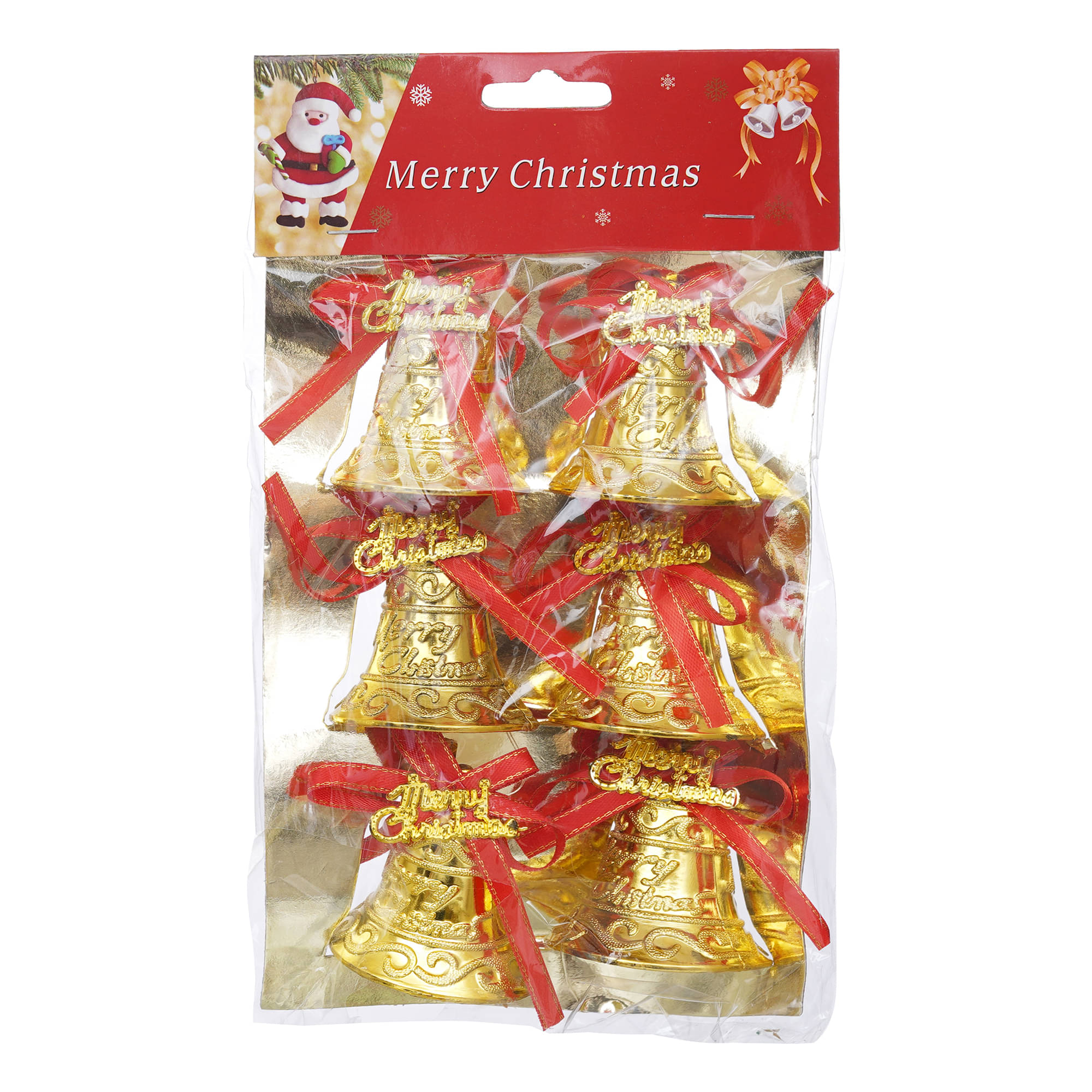     			eCraftIndia 6 Pcs Gold Toned Bells with Red Ribbon Merry Christmas Tree Decor