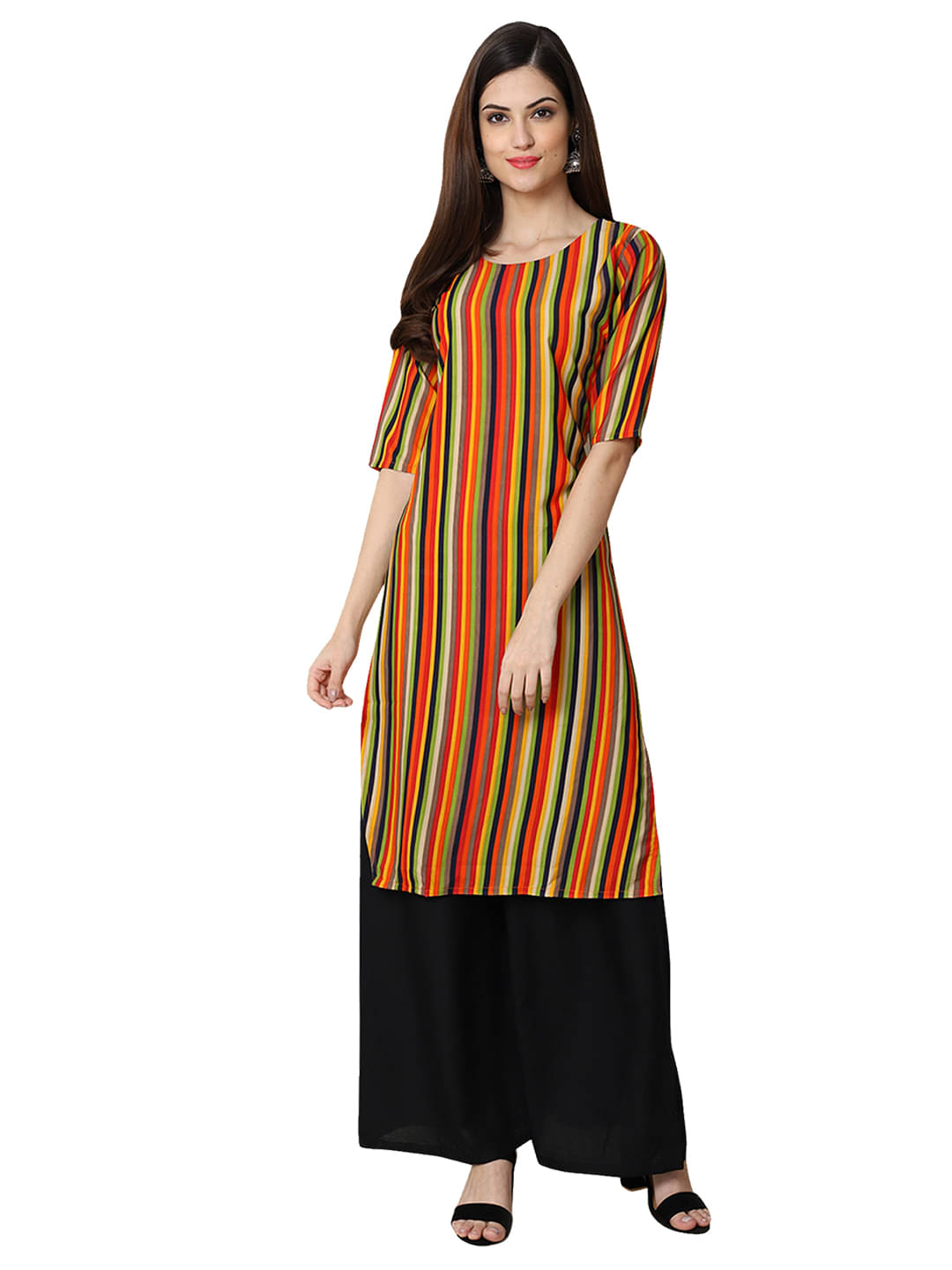 1 Stop Fashion Crepe Striped Straight Women's Kurti - Multicolor ( Pack of 1 ) 1 Stop Fashion Crepe Striped Straight Women's Kurti - Multicolor ( Pack of 1 )