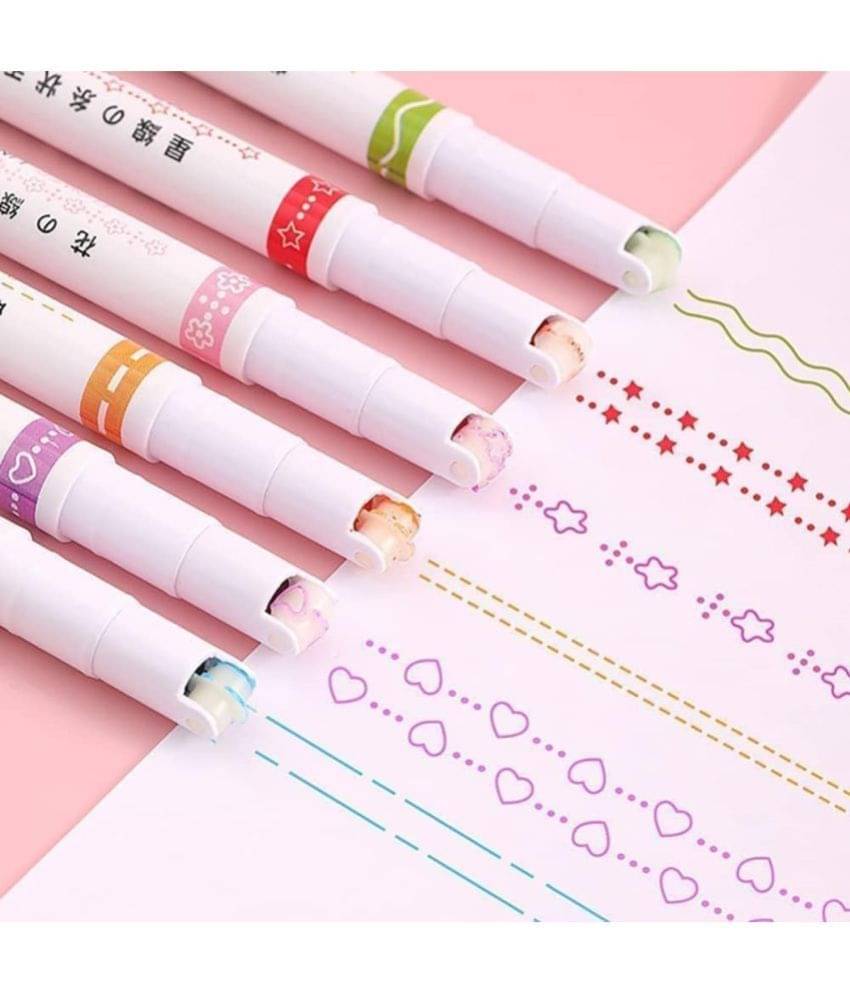     			THR3E STROKES Highlighter Pen Set, 6 Different Shape Line Markers Flowing Flair Marker, Flowing Color for School going Kids, Students For Card-decorating Coloring Books Writing Drawing Scrapbook, Multicolor
