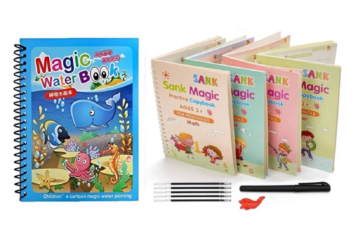 ( Pack Of 2 ) Sank Magic Practice Copybook, (4 Books + 1 Pen + 10 Refill ) & Magic Water Quick Dry Book Water Coloring Book Doodle with Magic Pen Painting Board By Vinay Book Store