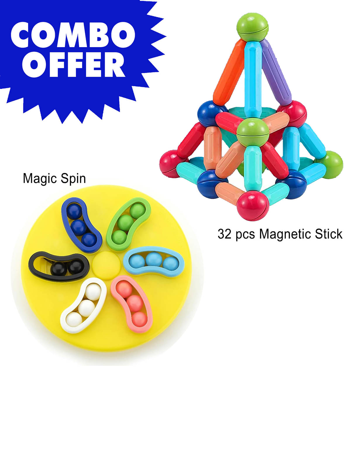     			RAINBOW RIDERS Combo Magnetic Sticks 32 pcs Building Blocks for Kids and Magic Spin Plastic Blocks Puzzle Games Toys for Children Educational & Learning for Girls Boys Age 2+ Years