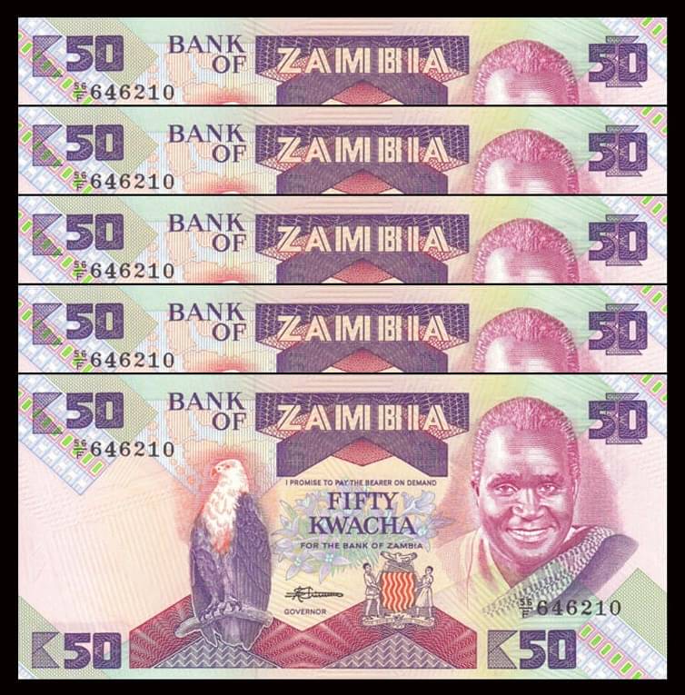 Zambia 50 Kwacha Consecutive Serial 5 Notes in Top Grade Gem UNC Zambia 50 Kwacha Consecutive Serial 5 Notes in Top Grade Gem UNC