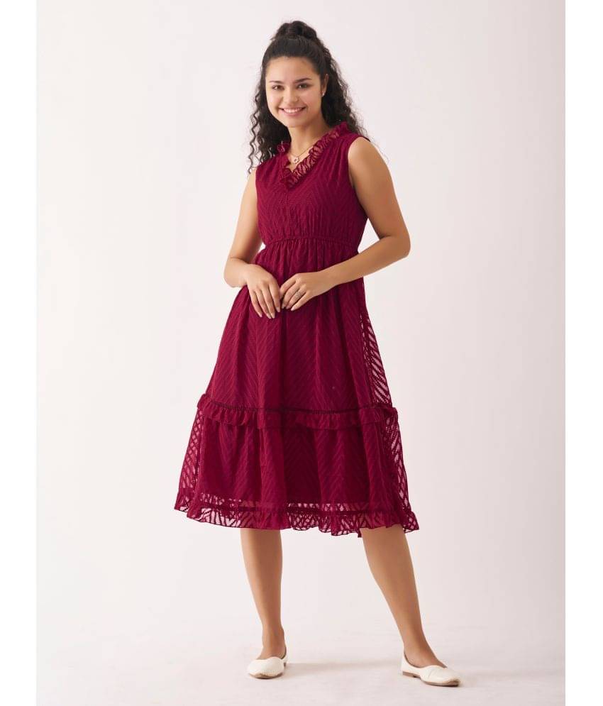     			aask Women Polyester Blend Embroidered Fit & Flare Dress ( Wine )