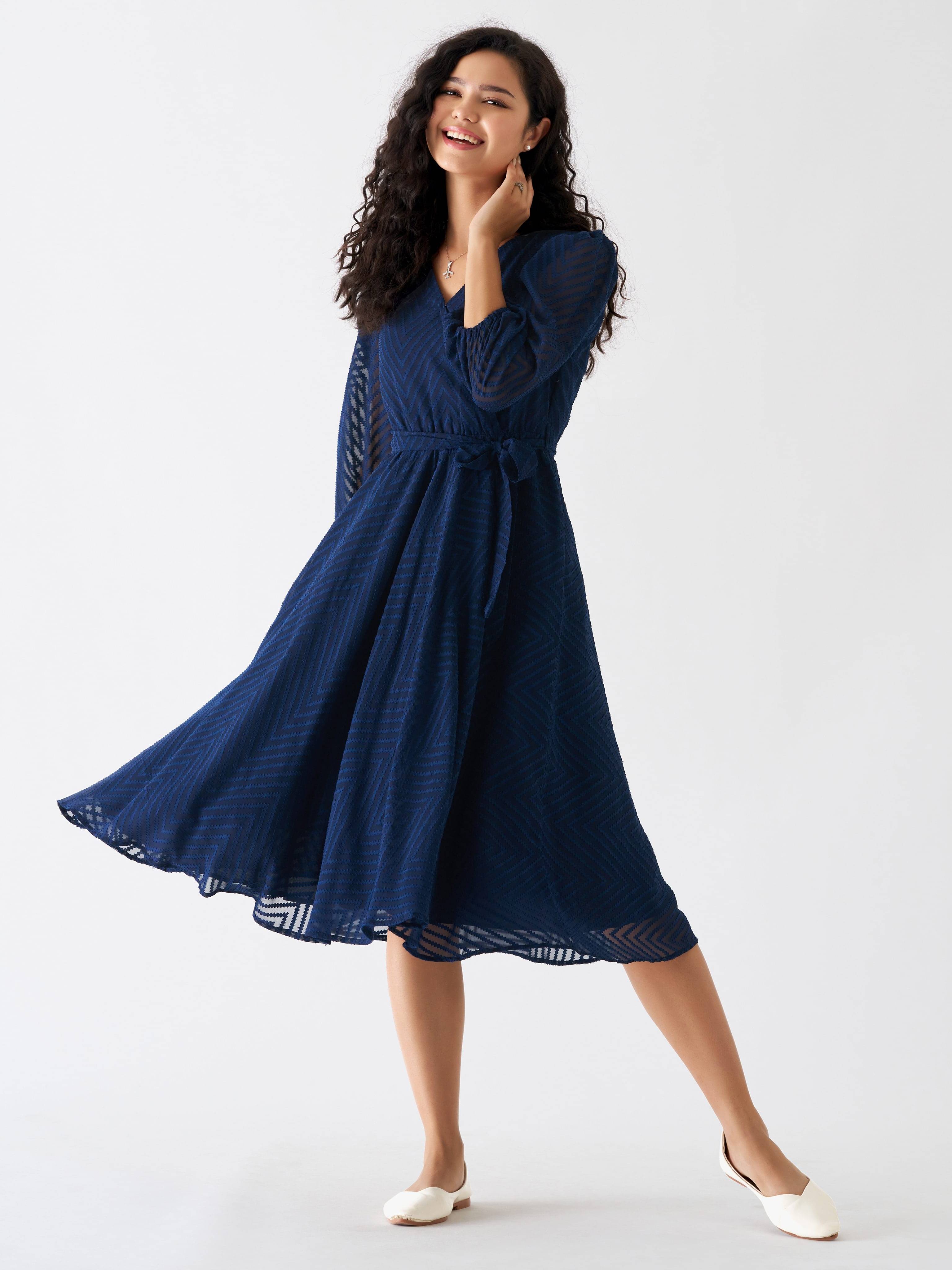 aask Women Polyester Blend Embroidered Fit & Flare Dress ( Navy Blue ) aask Women Polyester Blend Embroidered Fit & Flare Dress ( Navy Blue )