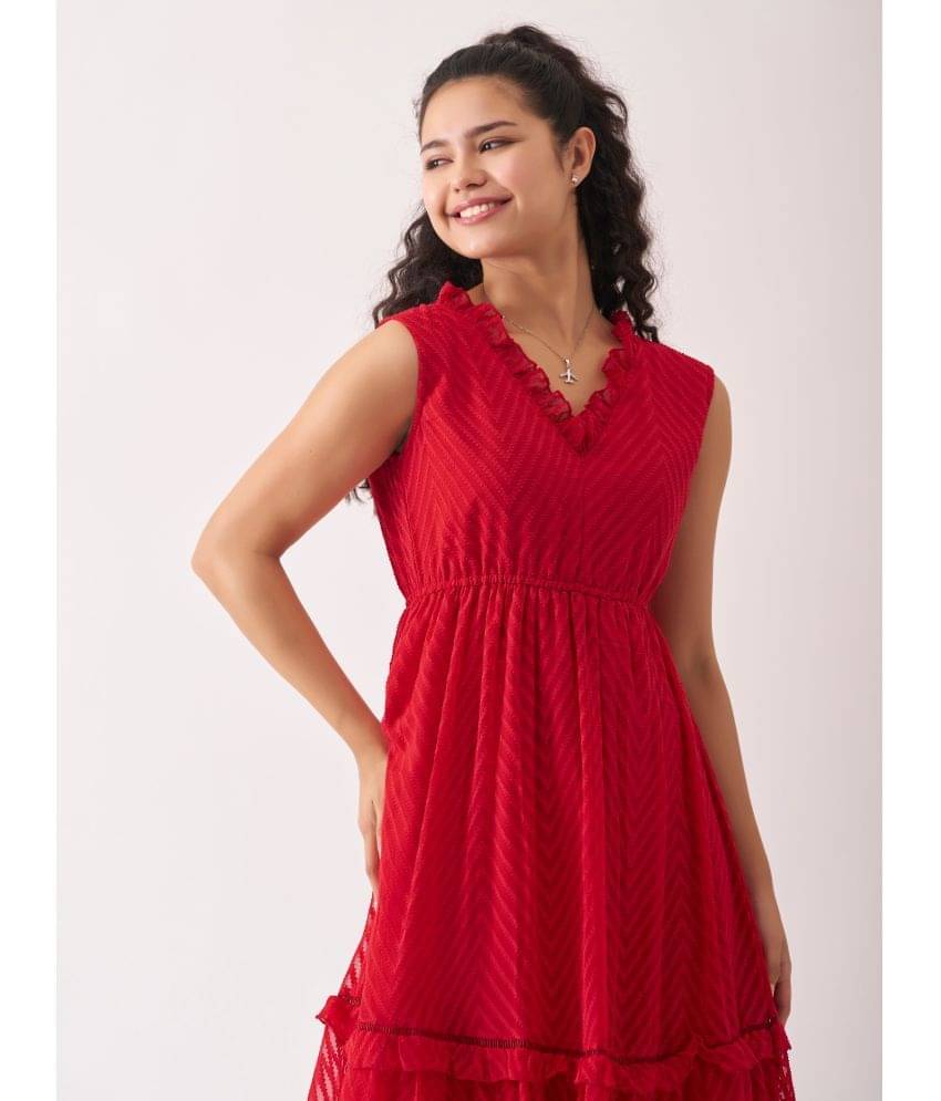 aask Women Polyester Blend Embroidered Fit & Flare Dress ( Red ) aask Women Polyester Blend Embroidered Fit & Flare Dress ( Red )