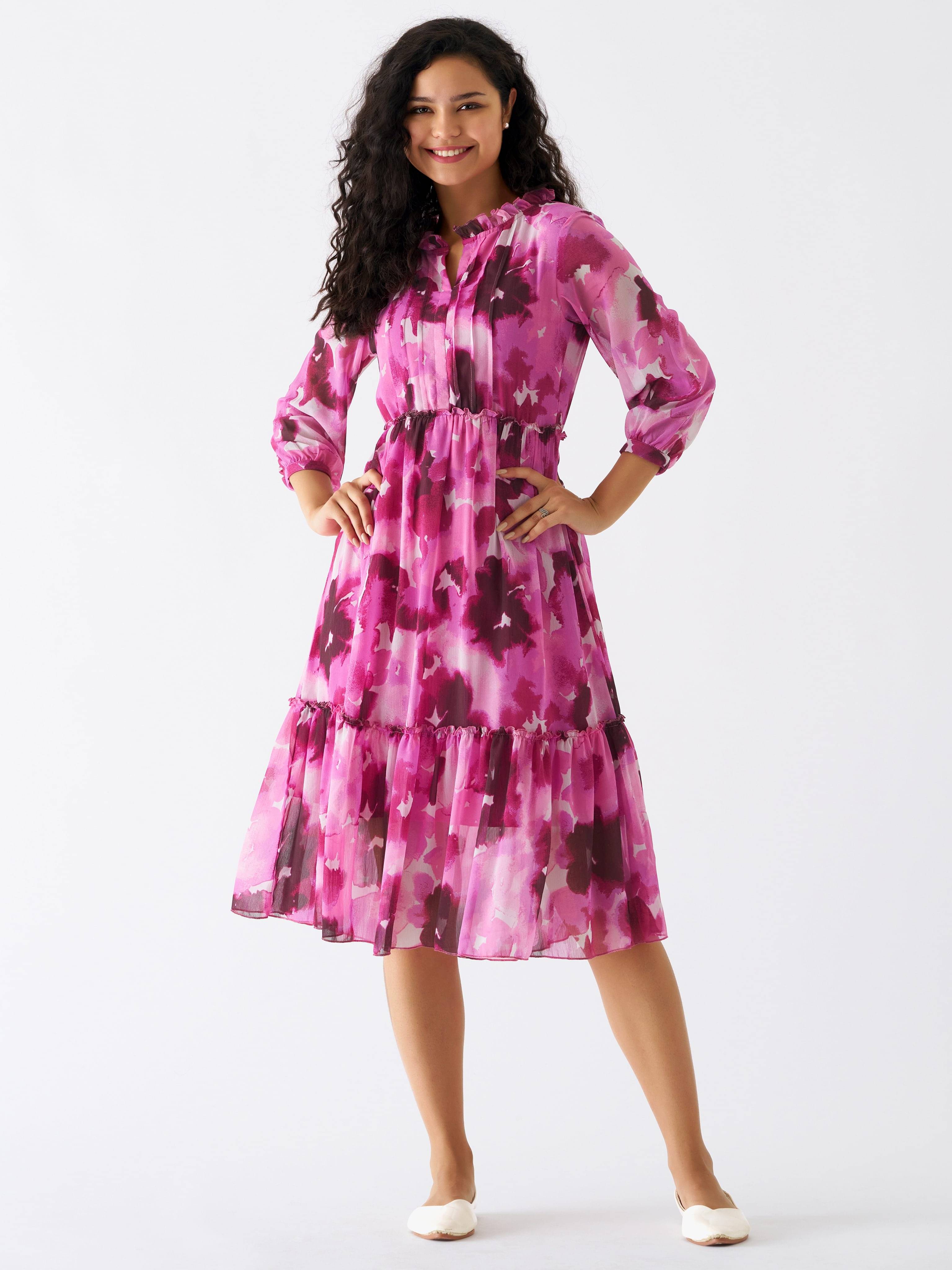     			aask Women Polyester Blend Printed Fit & Flare Dress ( Pink )