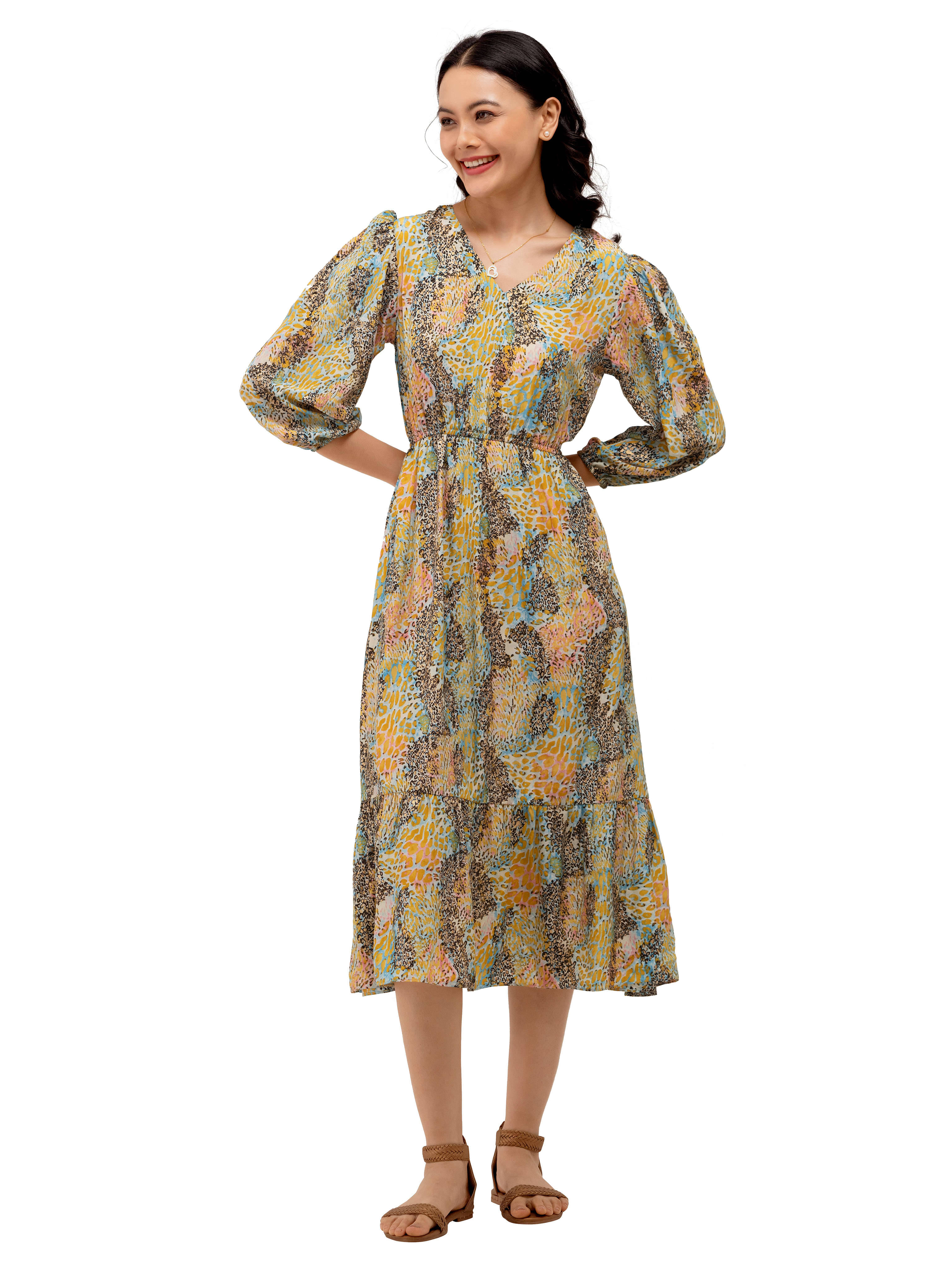     			aask Polyester Blend Printed Knee Length Women's Fit & Flare Dress - Yellow ( Pack of 1 )