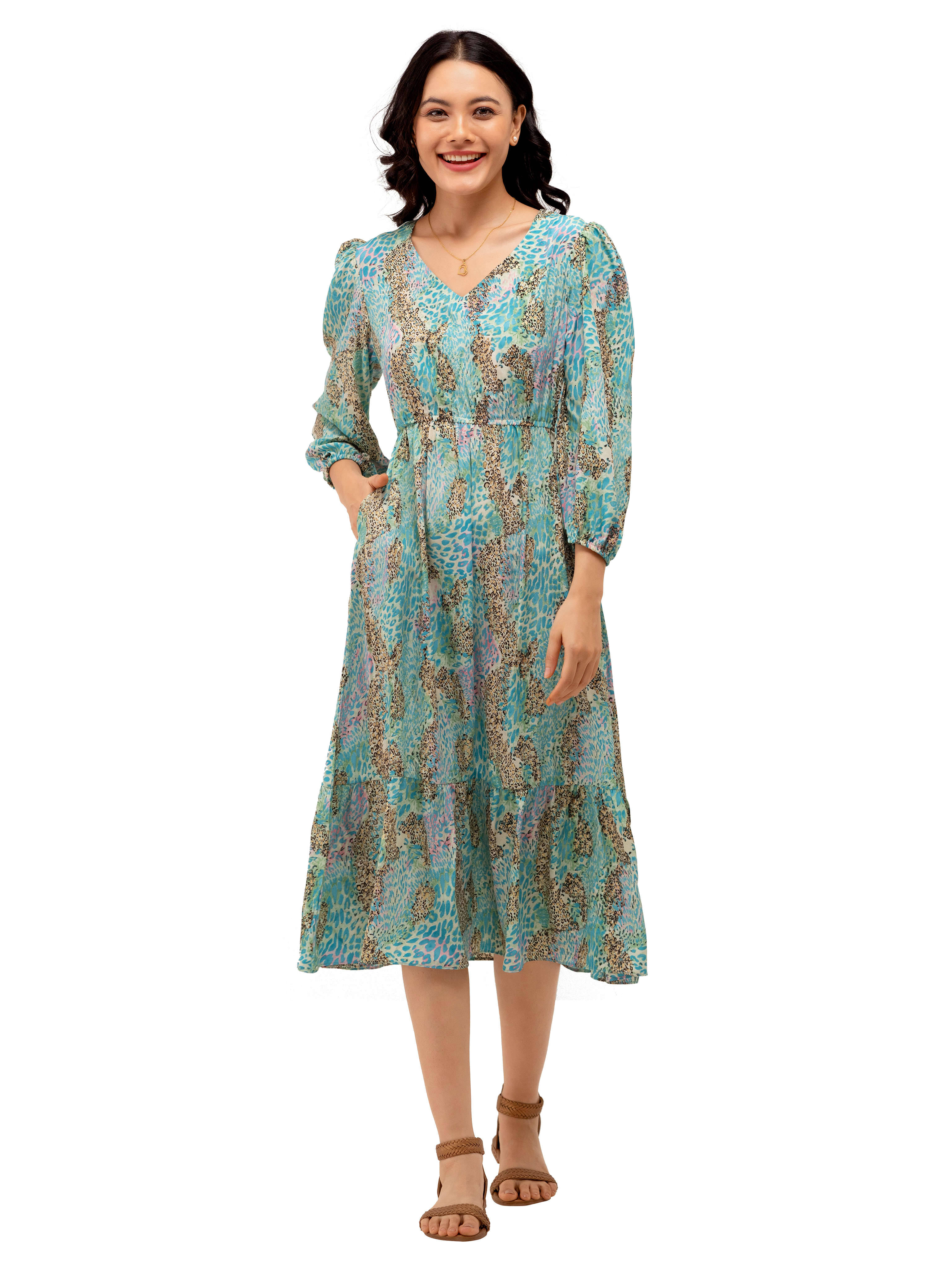 aask Polyester Blend Printed Knee Length Women's Fit & Flare Dress - Blue ( Pack of 1 ) aask Polyester Blend Printed Knee Length Women's Fit & Flare Dress - Blue ( Pack of 1 )