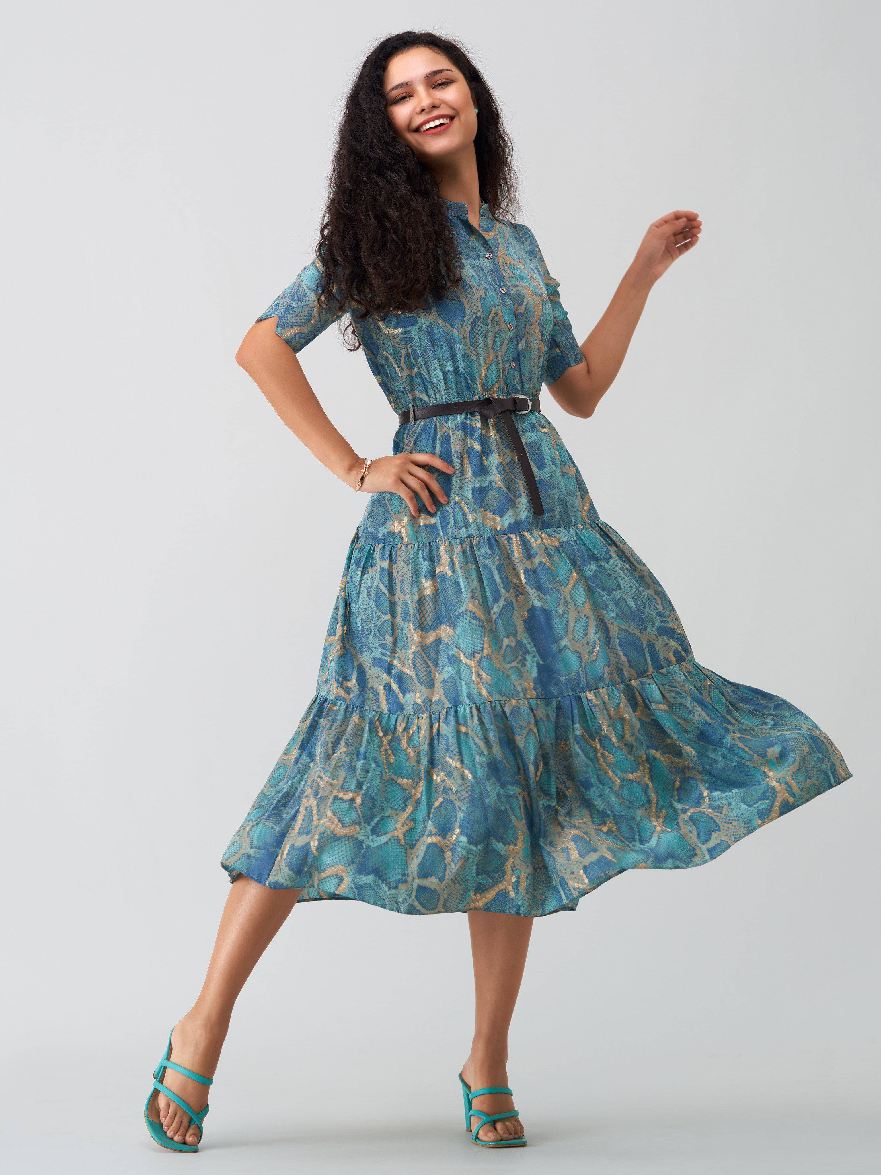     			aask Women Polyester Blend Printed Fit & Flare Dress ( Blue )
