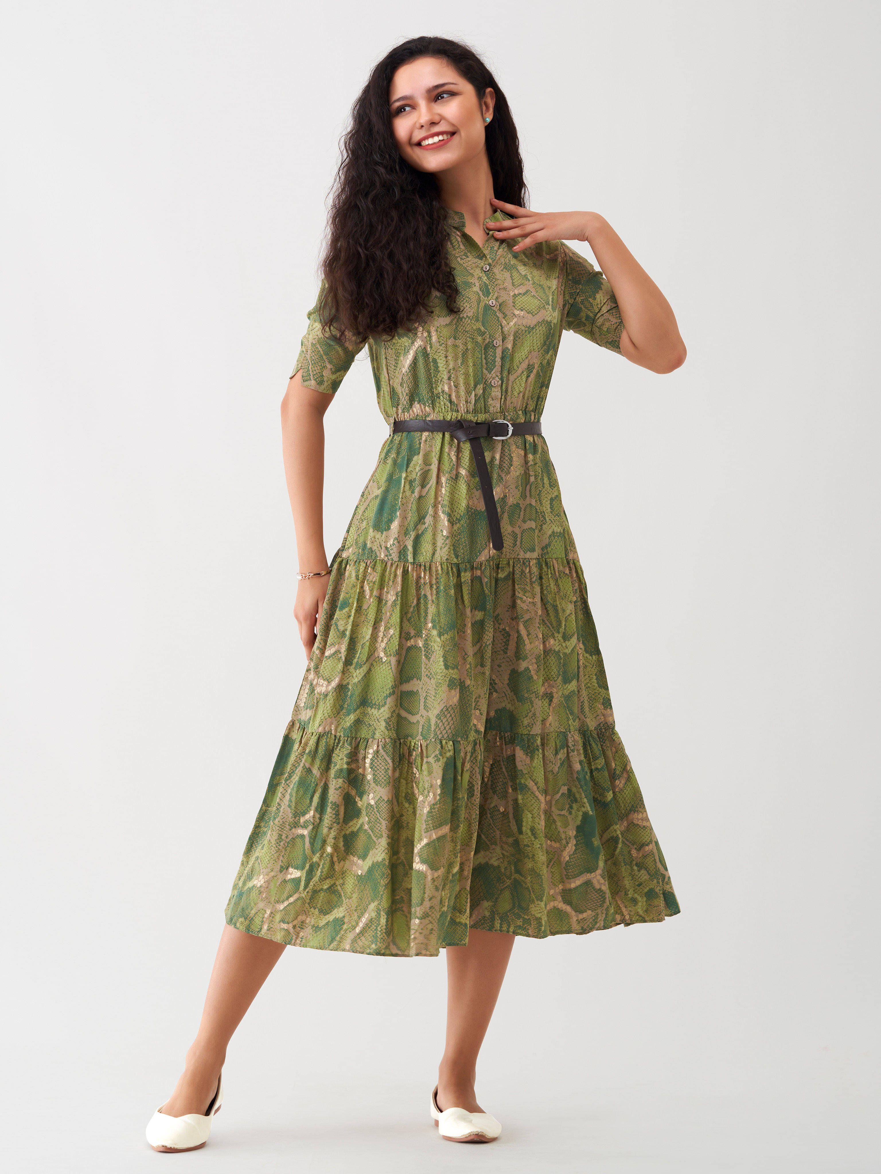 aask Women Polyester Blend Printed Fit & Flare Dress ( Green ) aask Women Polyester Blend Printed Fit & Flare Dress ( Green )