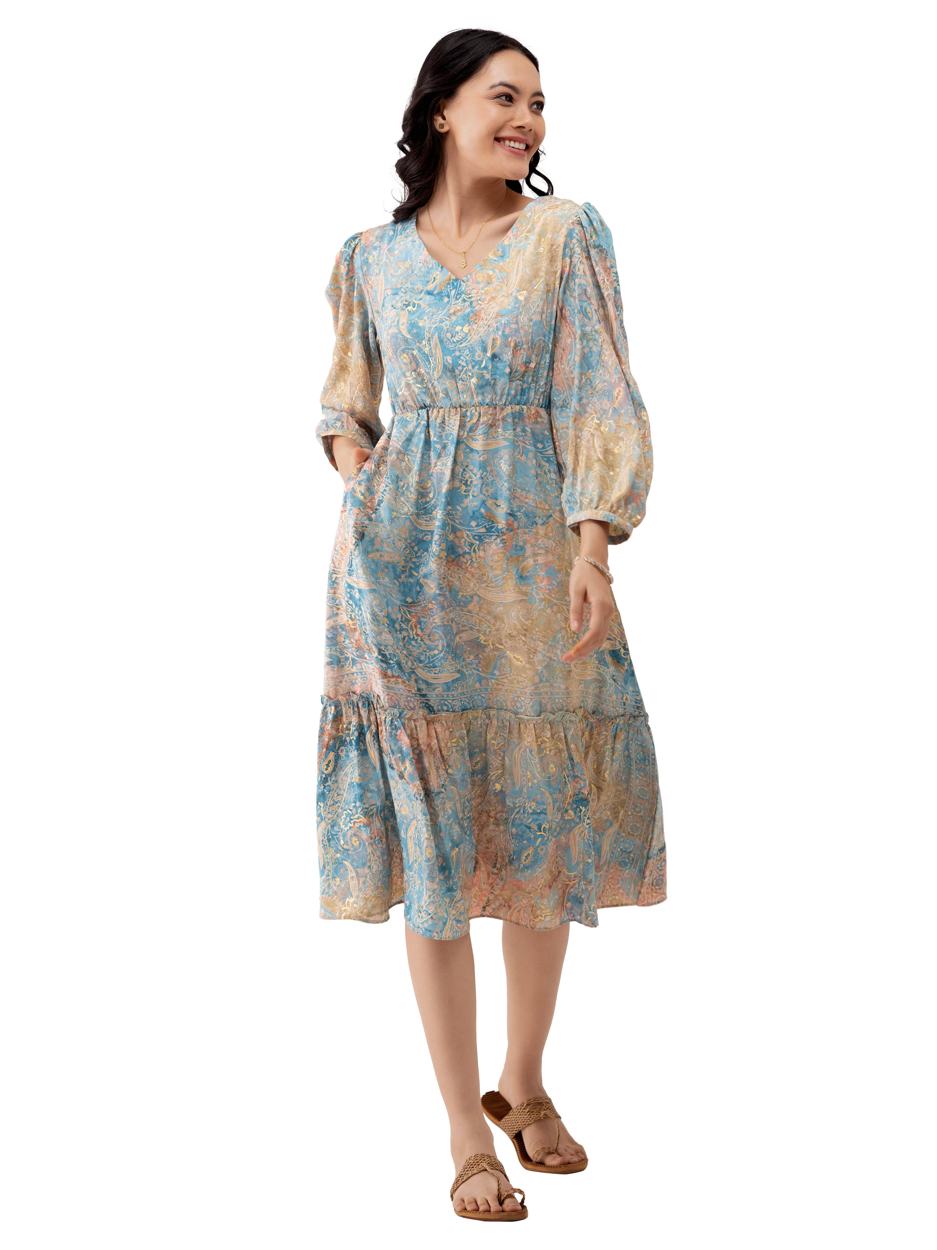 aask Polyester Blend Printed Knee Length Women's Fit & Flare Dress - Light Blue ( Pack of 1 ) aask Polyester Blend Printed Knee Length Women's Fit & Flare Dress - Light Blue ( Pack of 1 )