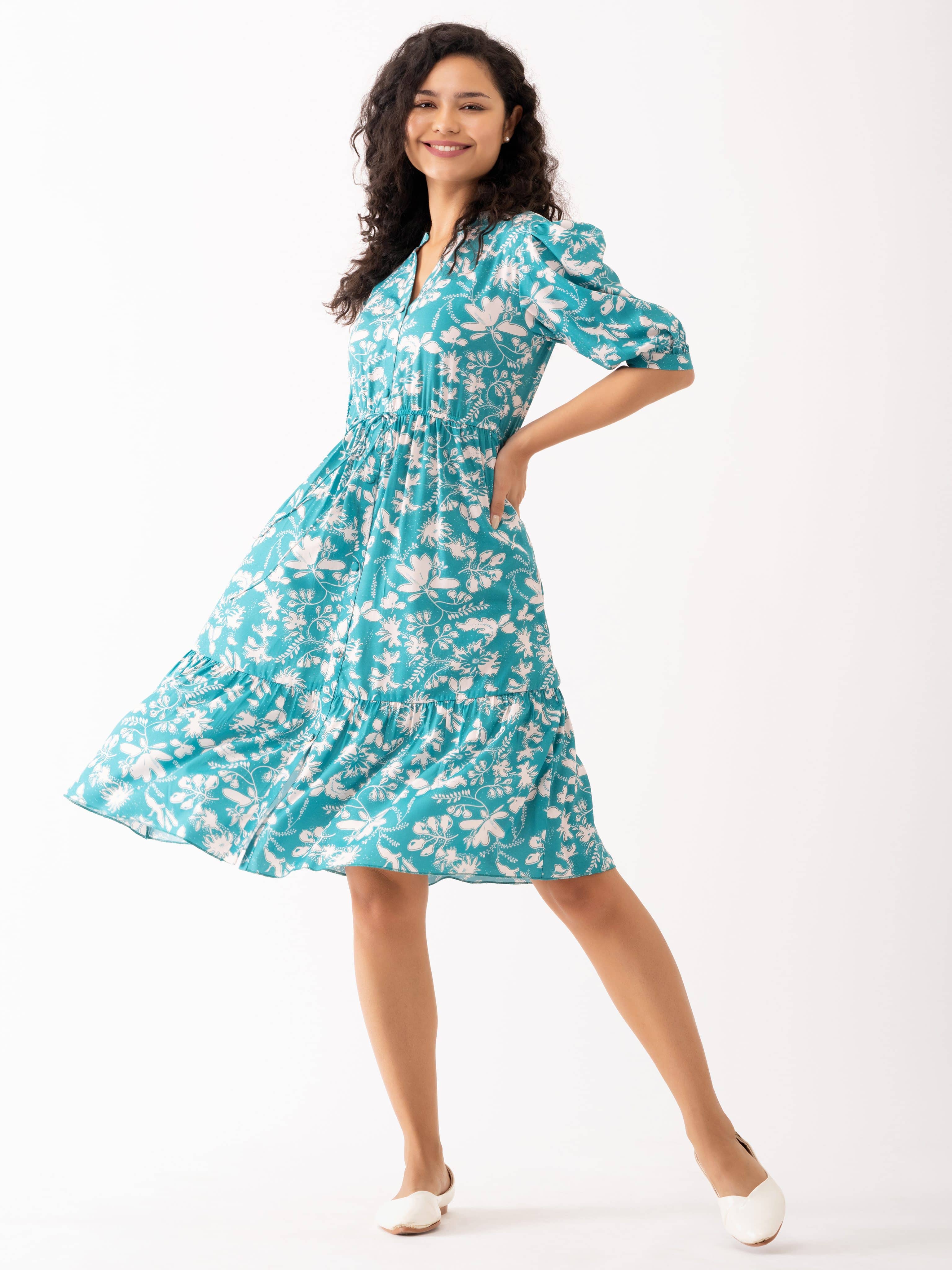 aask Women Polyester Blend Printed Fit & Flare Dress ( Light Blue )
