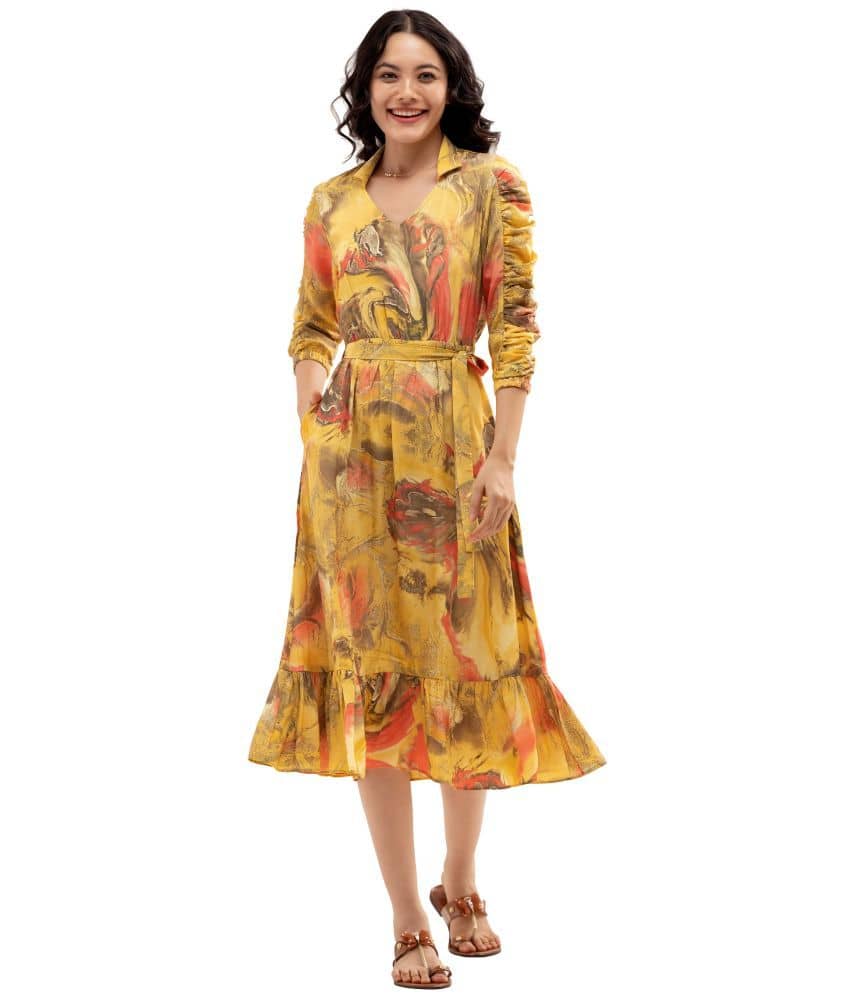 aask Polyester Blend Printed Knee Length Women's Fit & Flare Dress - Mustard ( Pack of 1 )