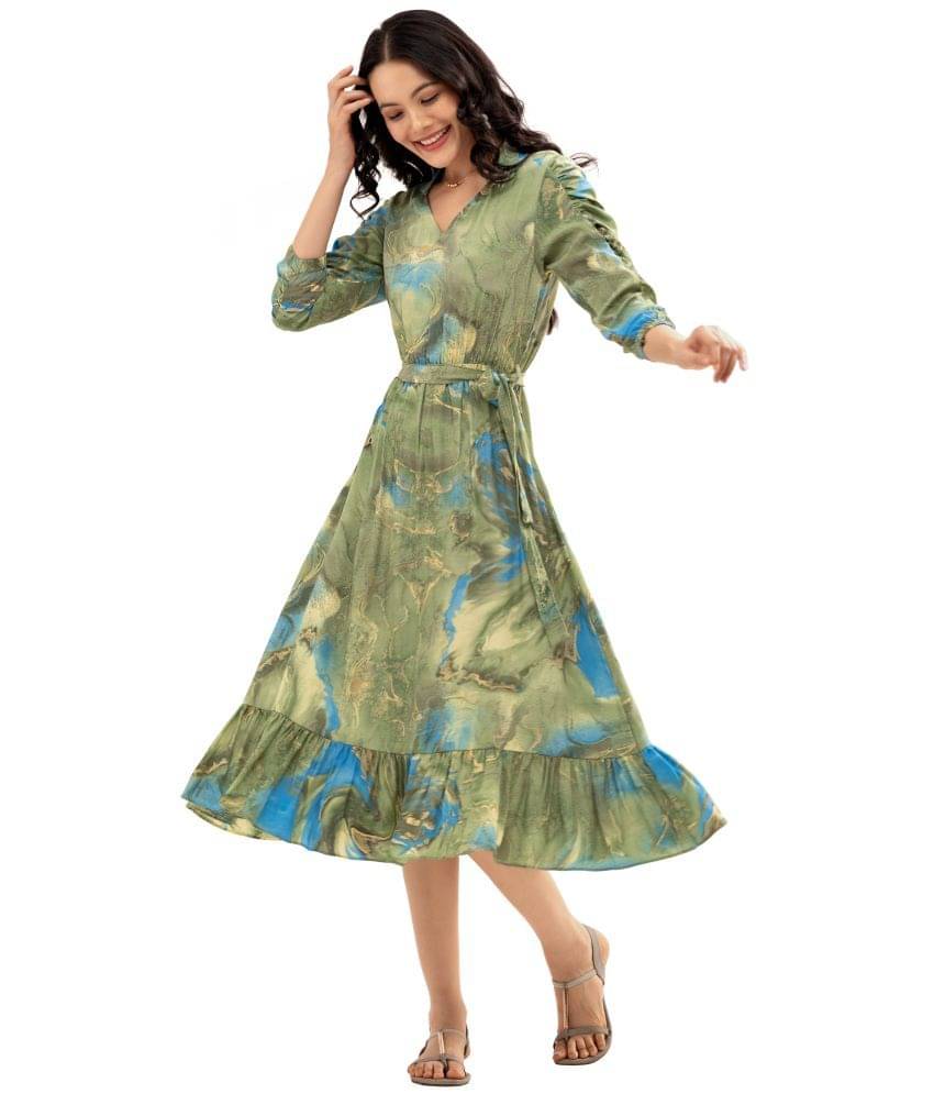 aask Polyester Blend Printed Knee Length Women's Fit & Flare Dress - Green ( Pack of 1 )     			aask Polyester Blend Printed Knee Length Women's Fit & Flare Dress - Green ( Pack of 1 )
