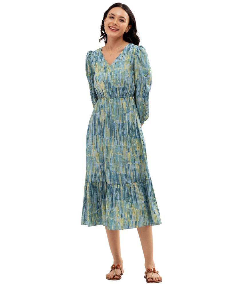     			aask Polyester Blend Printed Knee Length Women's Fit & Flare Dress - Light Blue ( Pack of 1 )