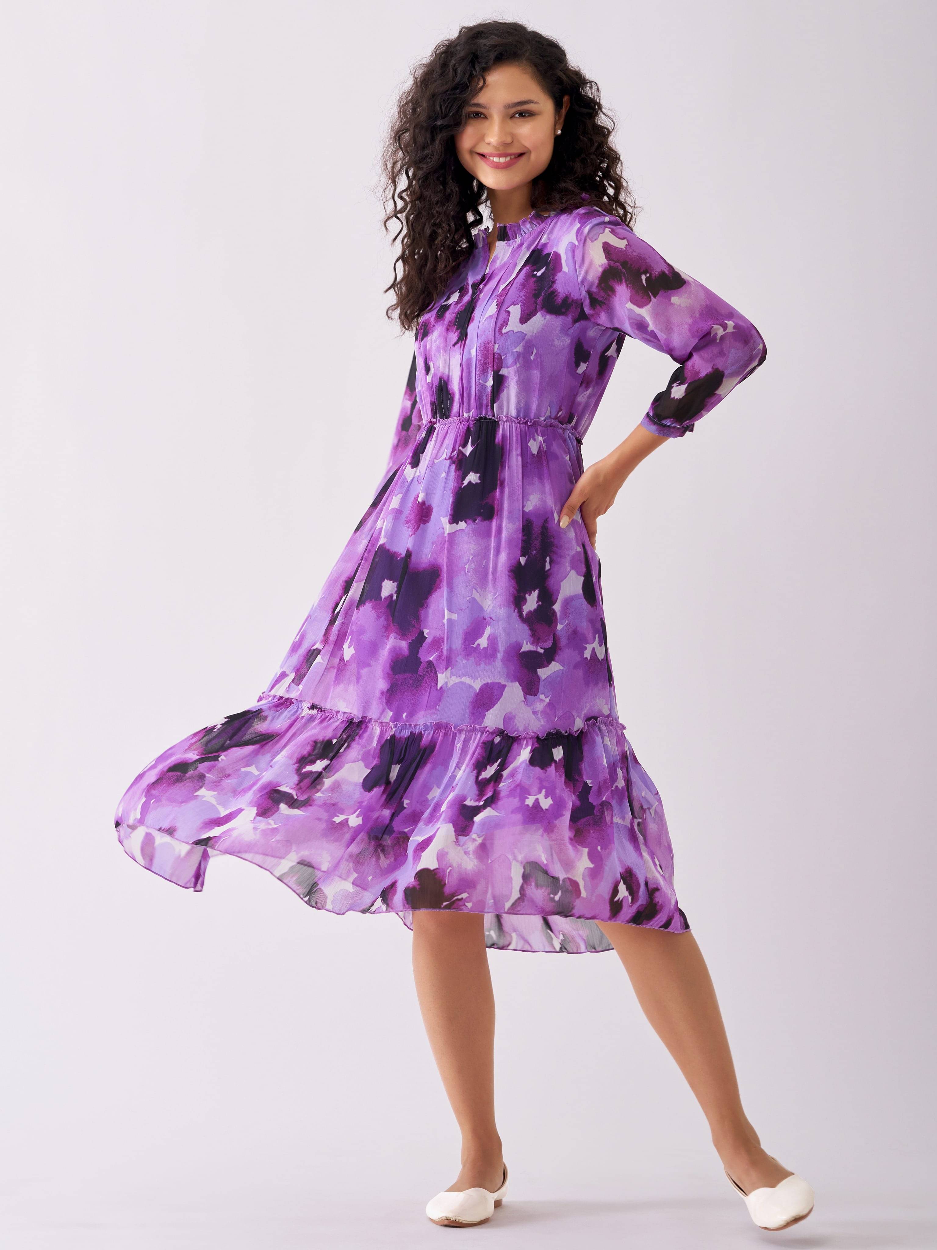aask Women Polyester Blend Printed Fit & Flare Dress ( Purple ) aask Women Polyester Blend Printed Fit & Flare Dress ( Purple )