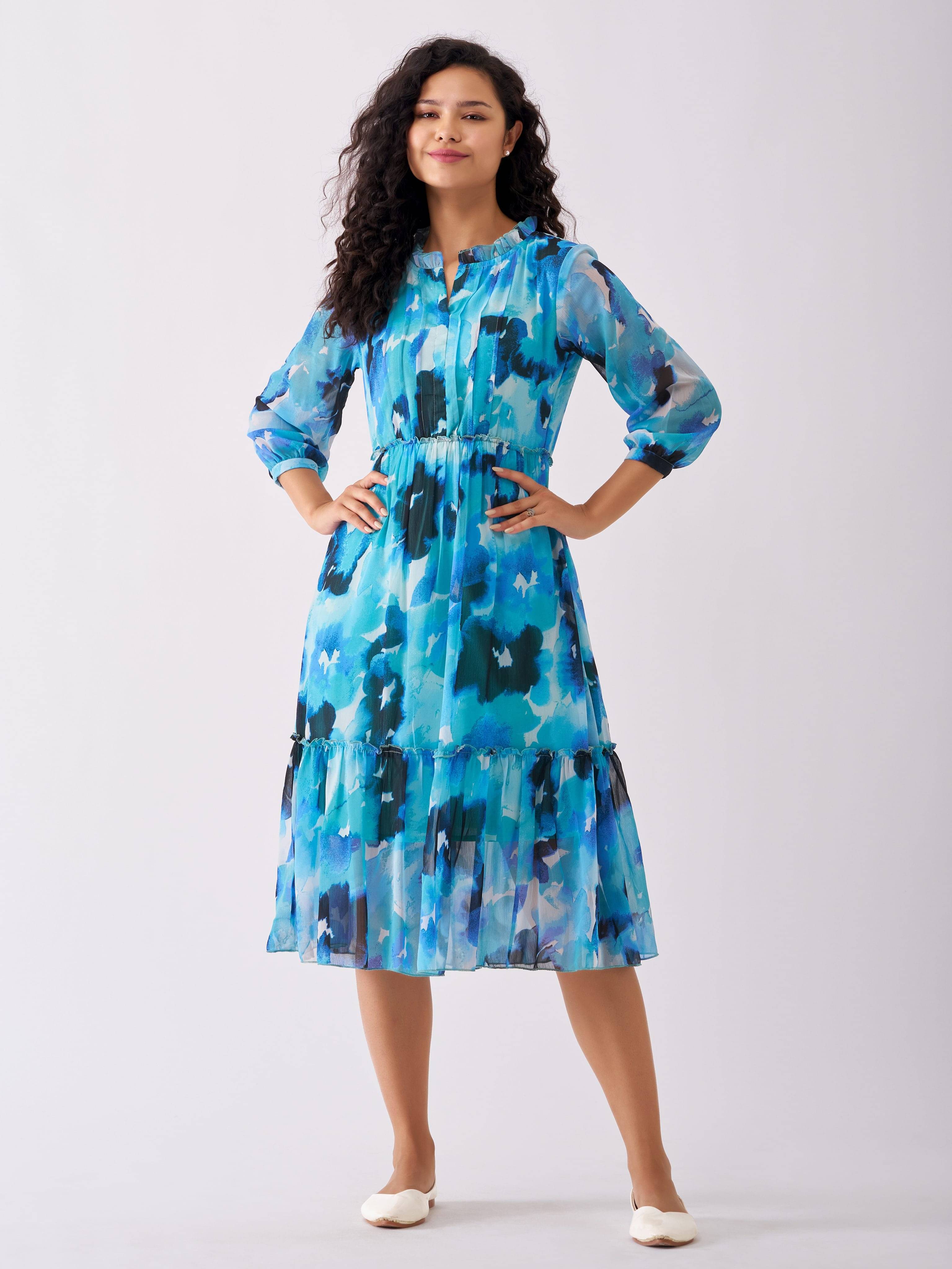     			aask Women Polyester Blend Printed Fit & Flare Dress ( Blue )