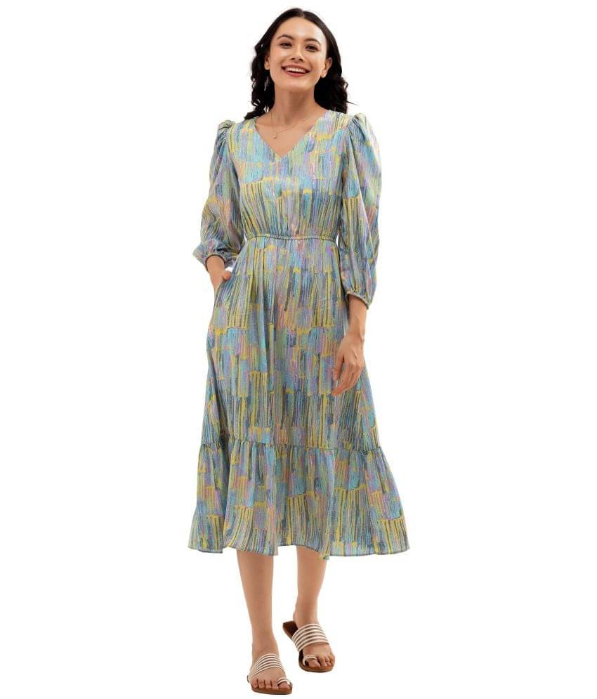 aask Polyester Blend Printed Knee Length Women's Fit & Flare Dress - Multicolor ( Pack of 1 )     			aask Polyester Blend Printed Knee Length Women's Fit & Flare Dress - Multicolor ( Pack of 1 )