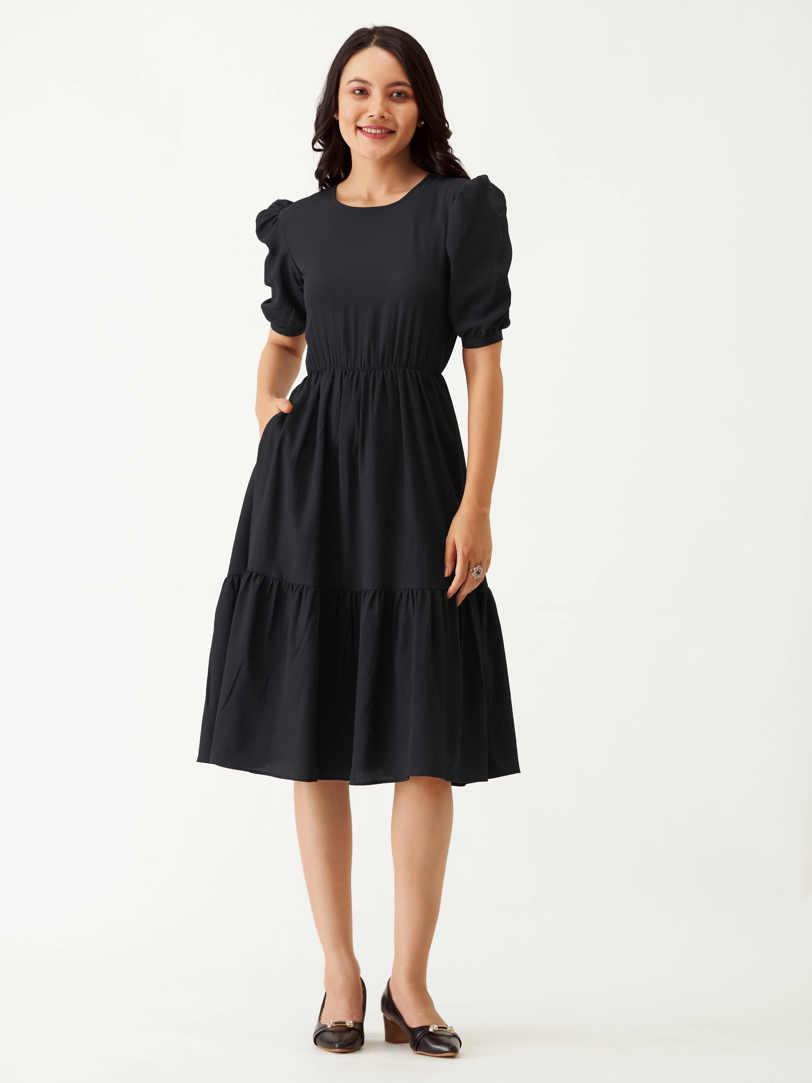     			aask Women Polyester Blend Solid Fit & Flare Dress ( Black )